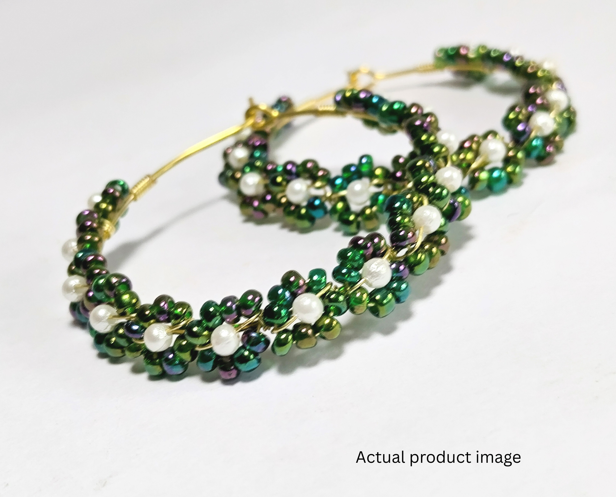 Beaded Hoop earrings - Emerald Green