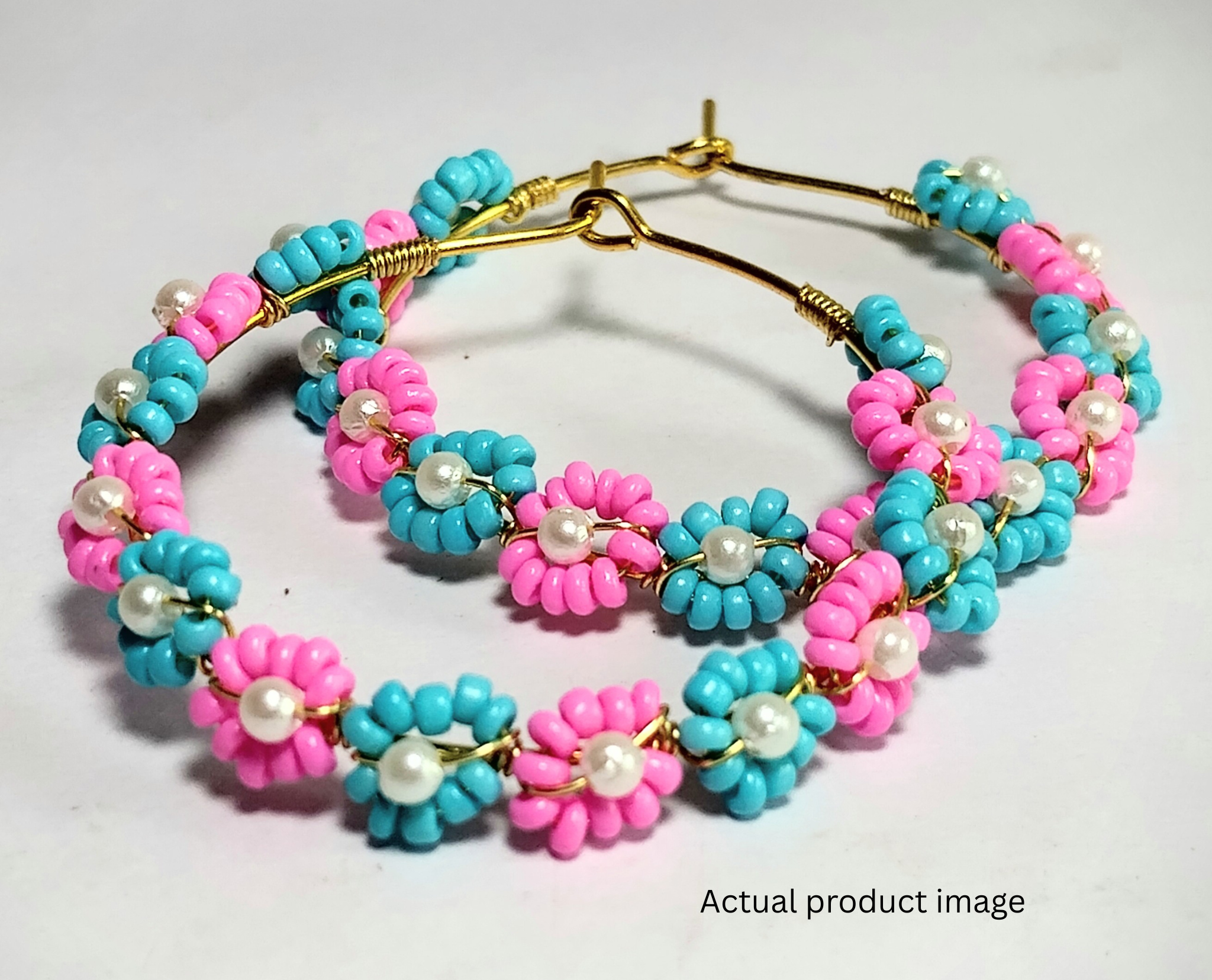 Beaded Hoop earrings - Pink and Blue