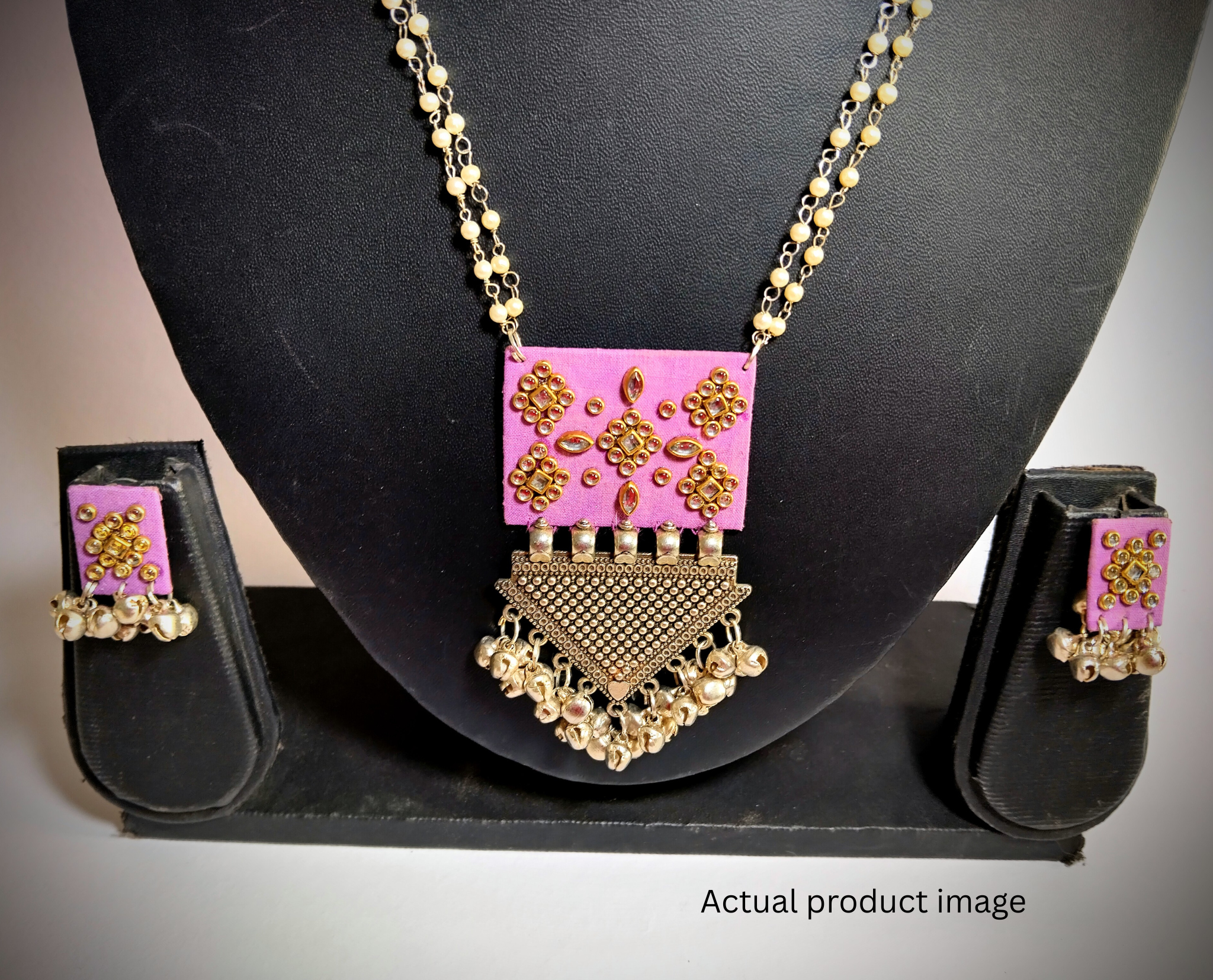  Fabric Pendant Necklace Set with Ghungroo Earrings