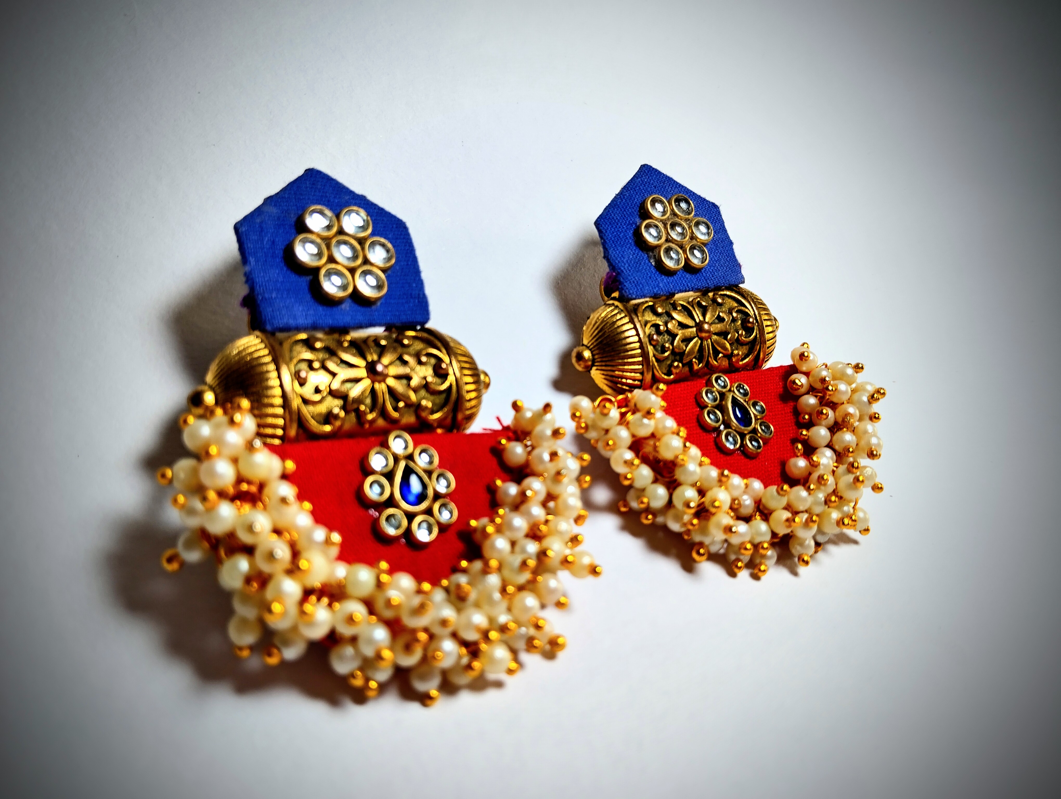 Red & Blue Fabric Earrings with Pearl Clusters