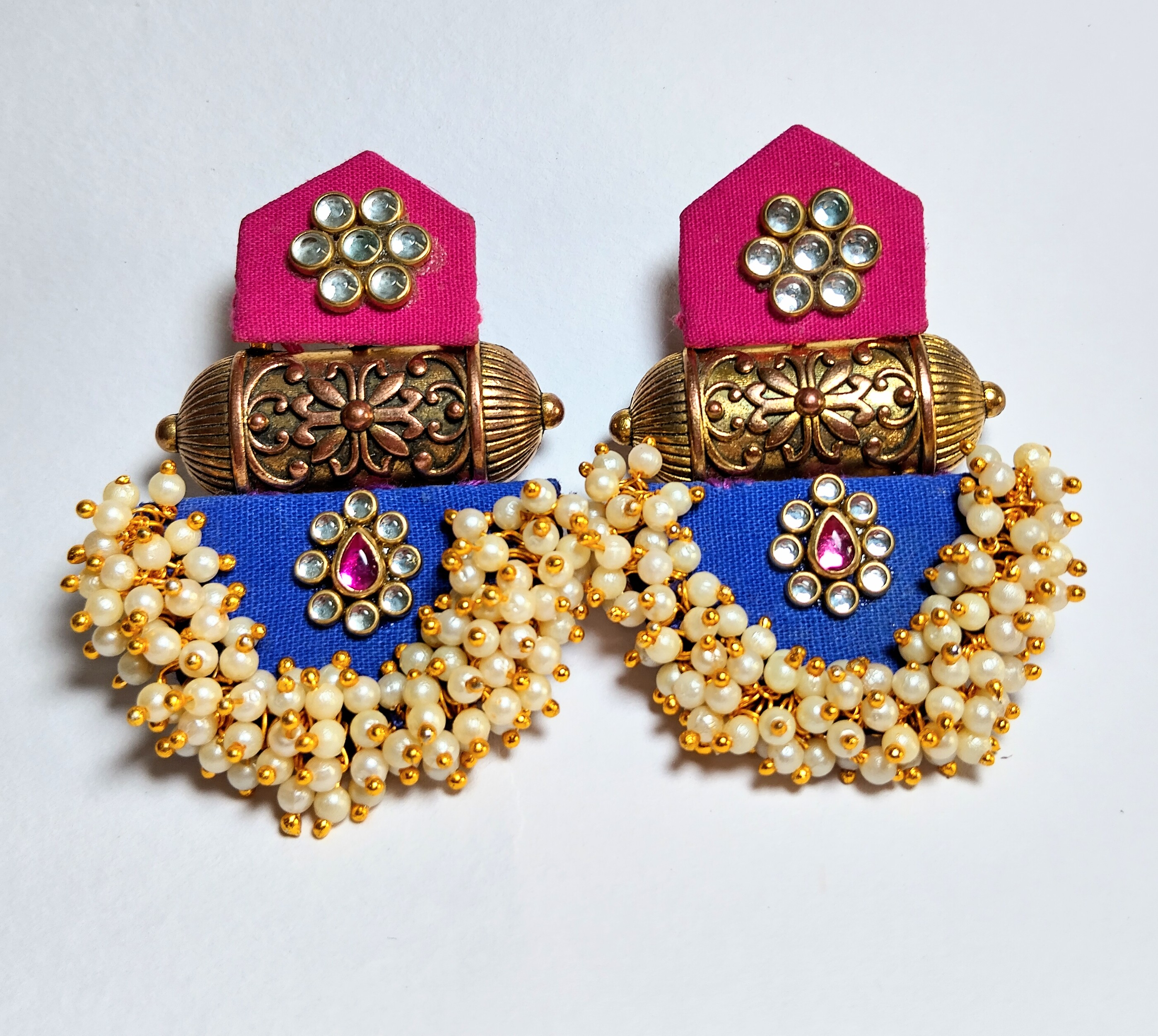 Blue & pink Fabric Earrings with Pearl Clusters