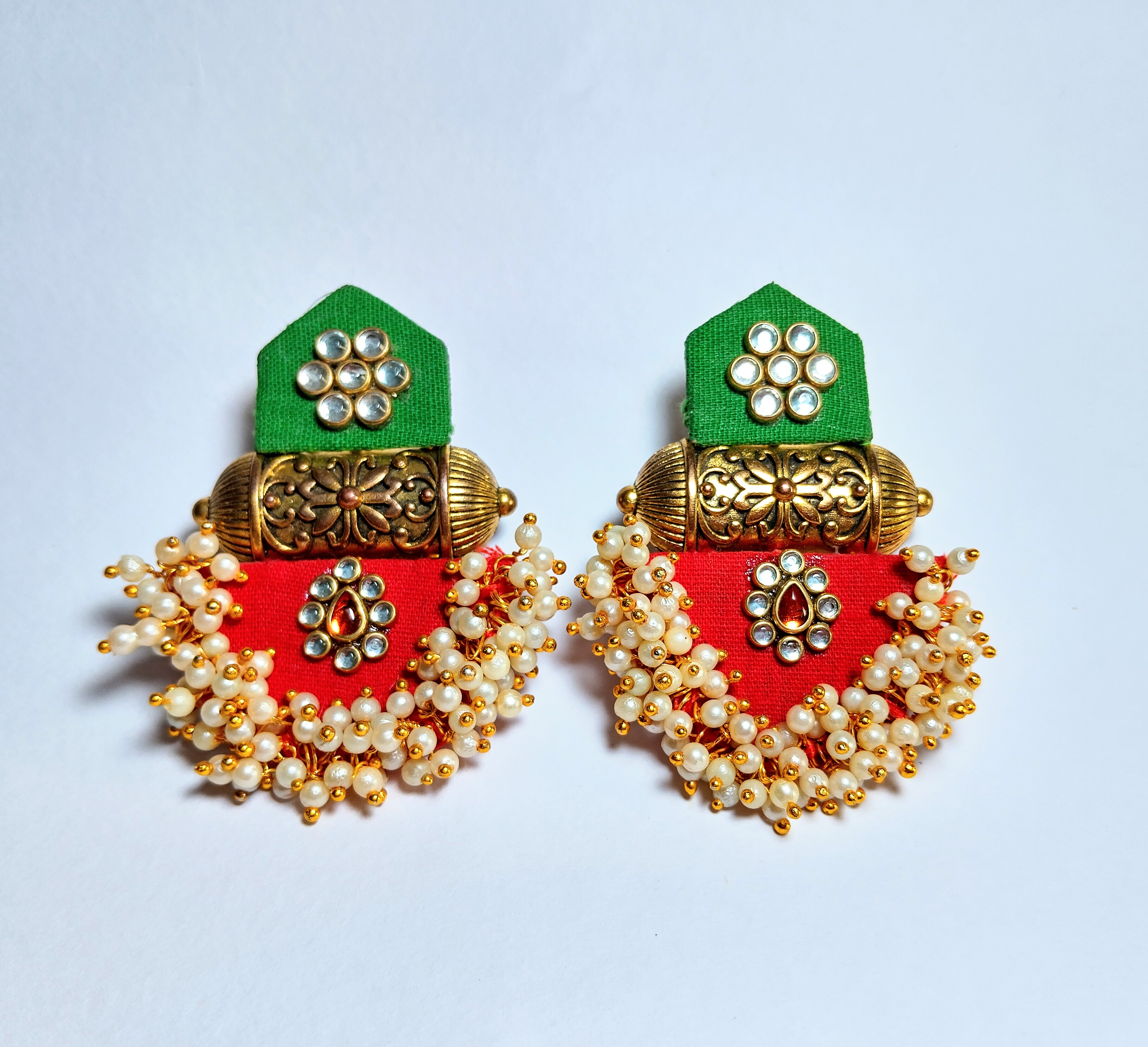 Red & Green Fabric Earrings with Pearl Clusters