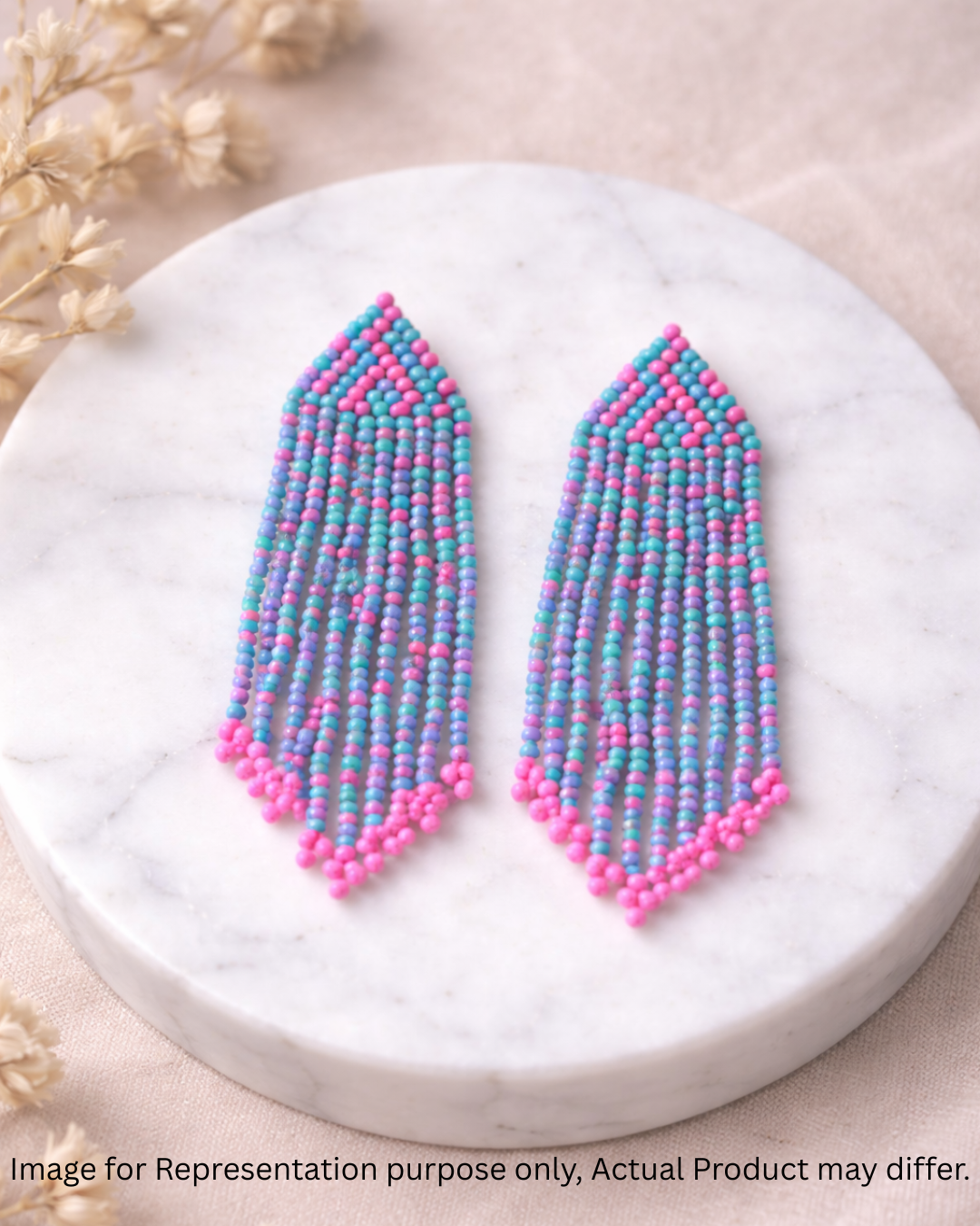 Handcrafted Beaded Fringe Earrings – Turquoise & Pink