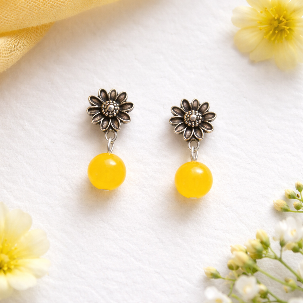 Silver Floral Stud Earrings with Yellow Drop