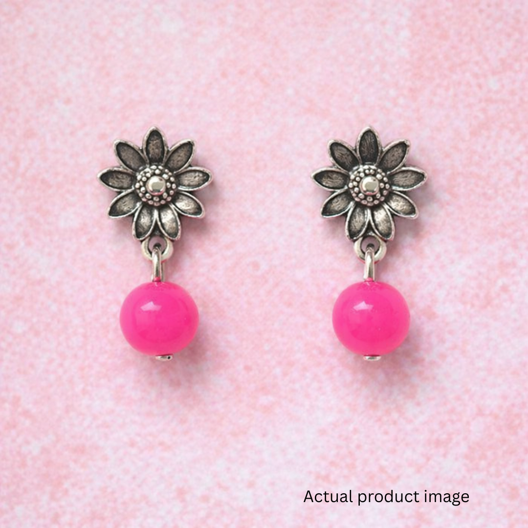 Silver Floral Stud Earrings with Pink Drop