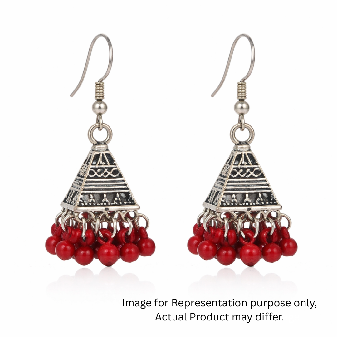 Silver Jhumka Earrings with Red Bead Drops