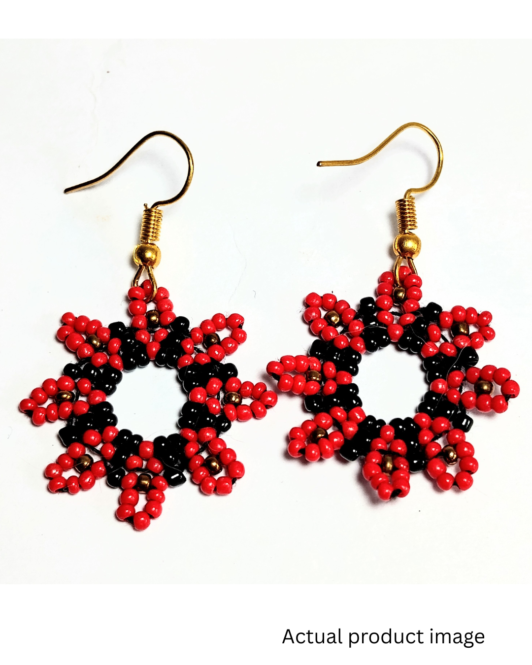 Handcrafted Beaded Star Earrings – Red & Black