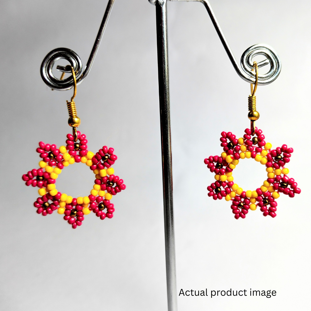 Handcrafted Beaded Star Earrings – dark Pink & Black