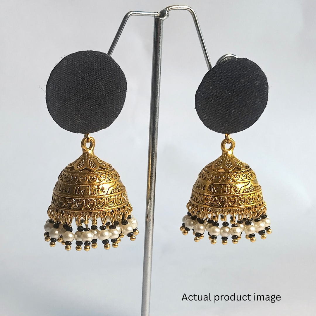 Black Fabric Stud Pearl Jhumka Earrings