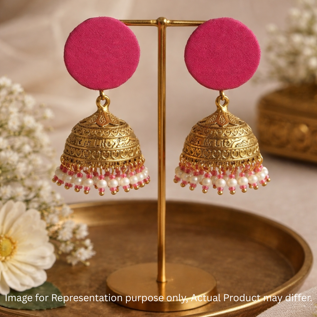 Dark Pink Fabric Stud Pearl Jhumka Earrings