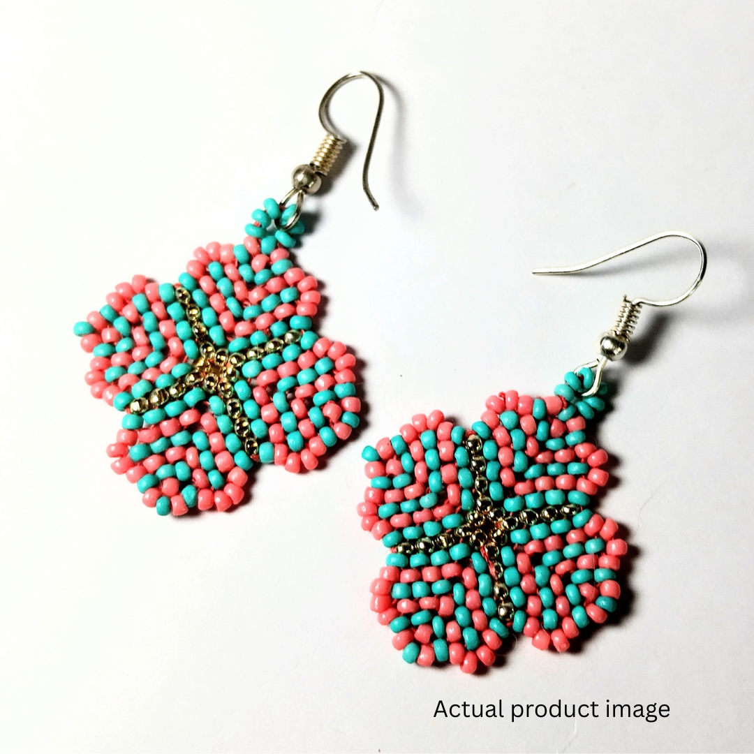 Handcrafted Floral Beaded Earrings – Pink & Turquoise