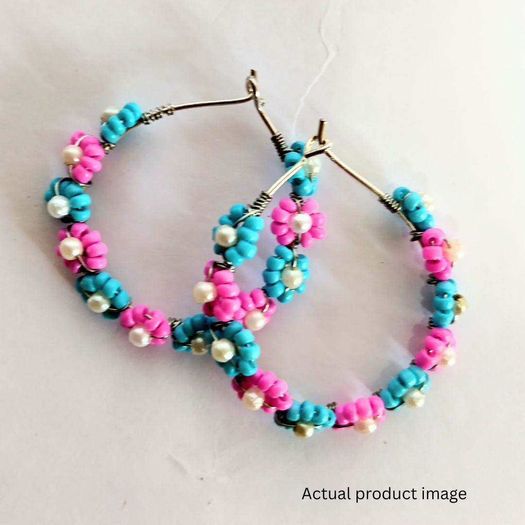 Handcrafted Floral Beaded Earrings – Pink & Turquoise