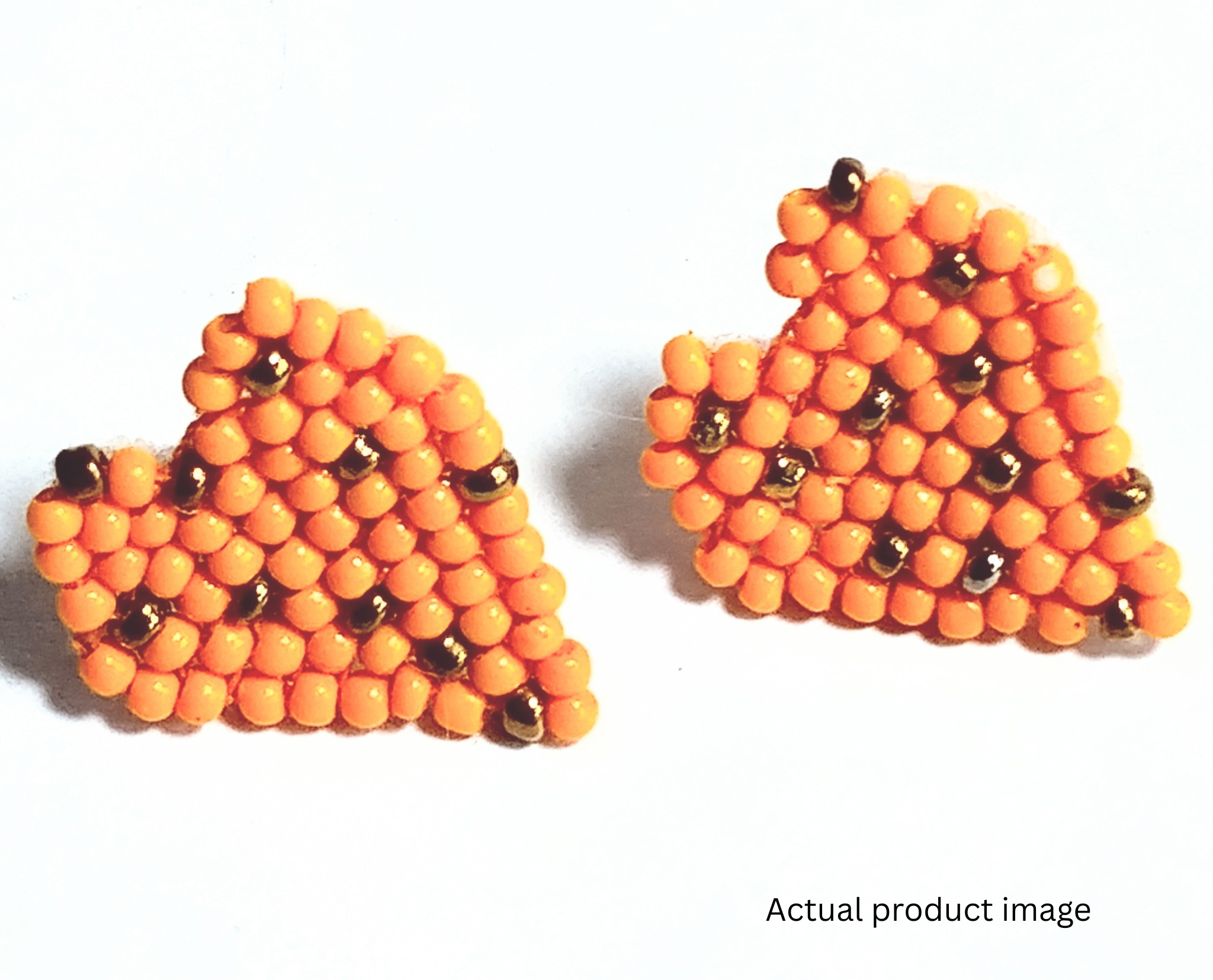 Handcrafted Orange Beaded Heart Stud Earrings