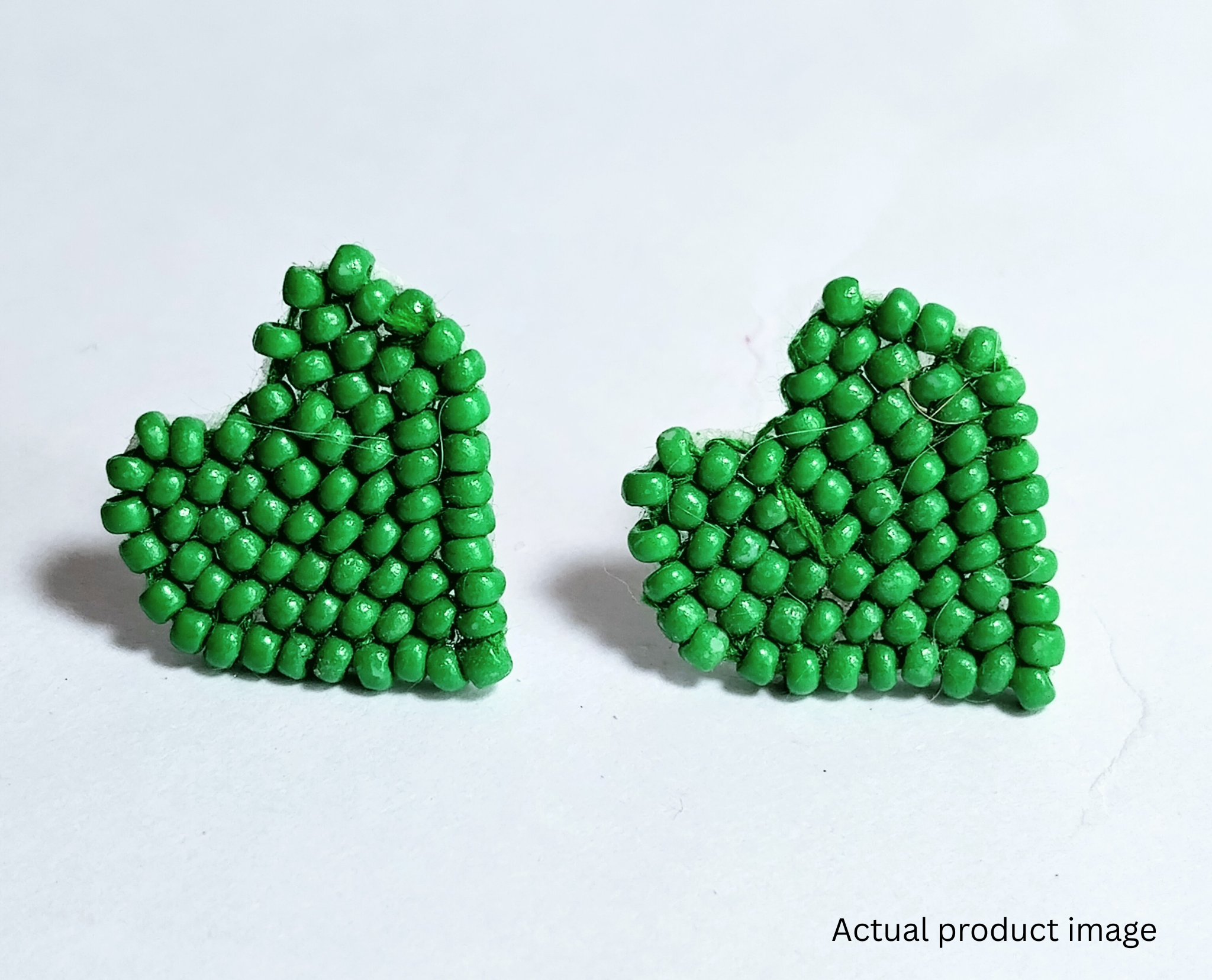 Handcrafted Green Beaded Heart Stud Earrings
