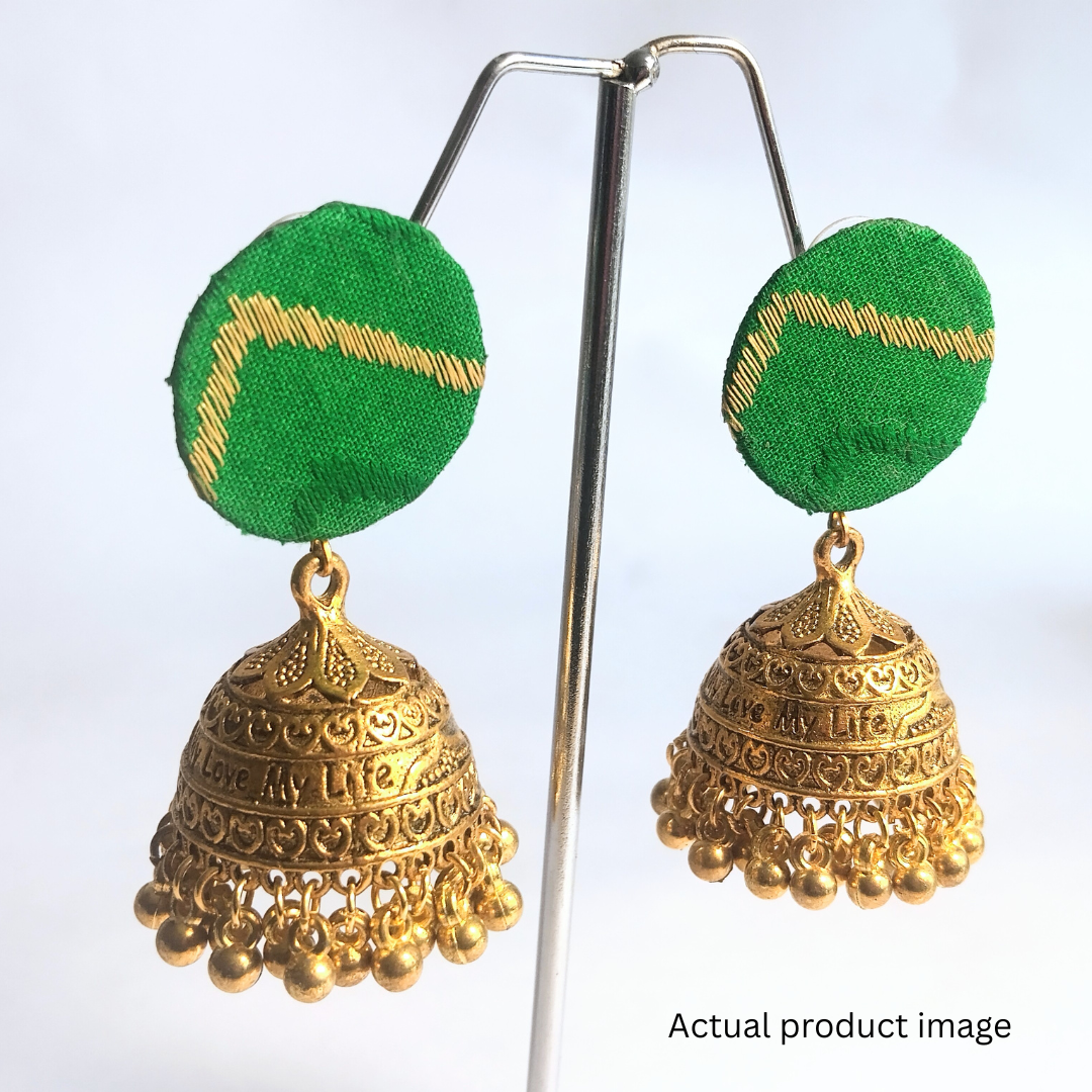 Emerald Fabric Stud Gold Jhumka Earrings