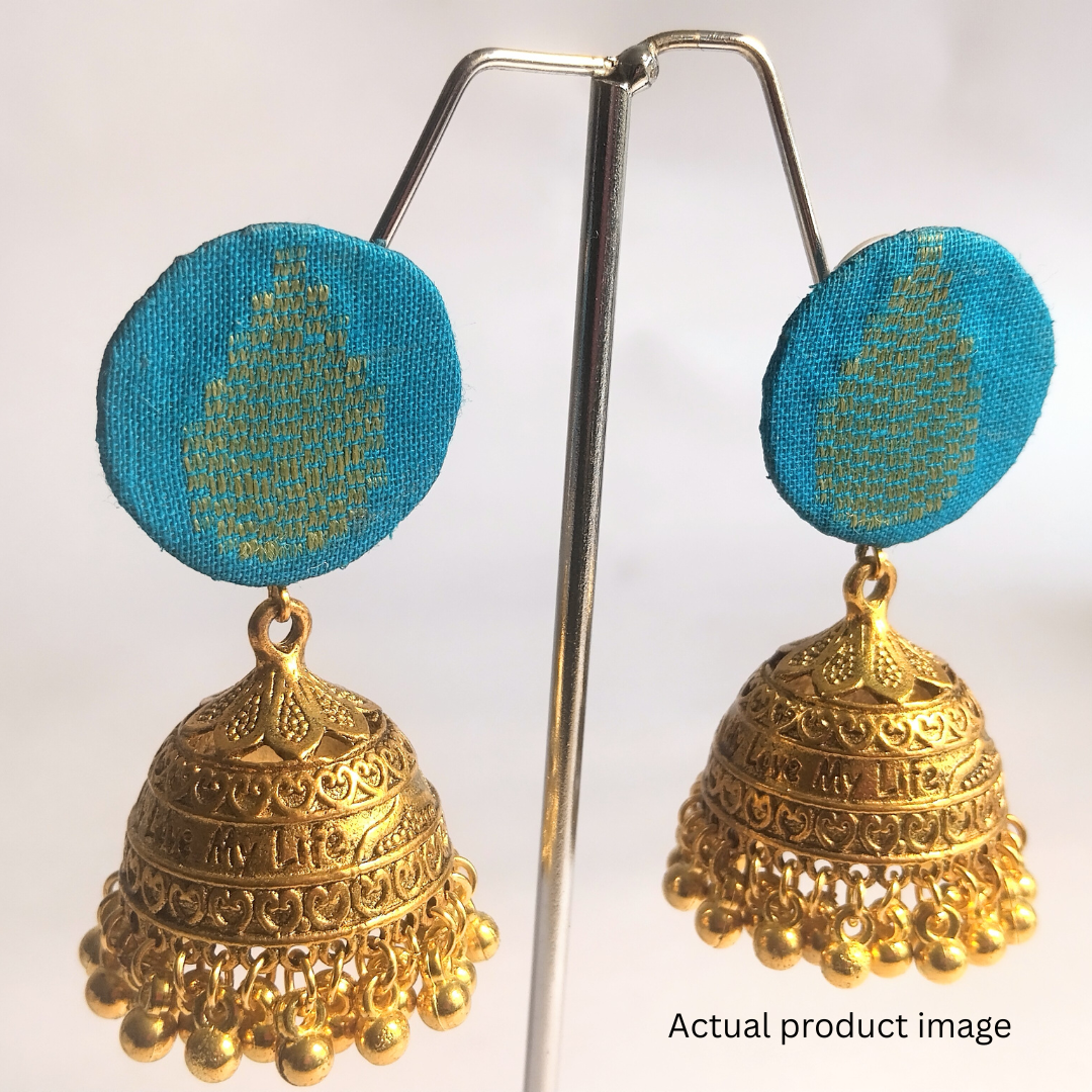 Teal Fabric Stud Gold Jhumka Earrings (Medium Size)