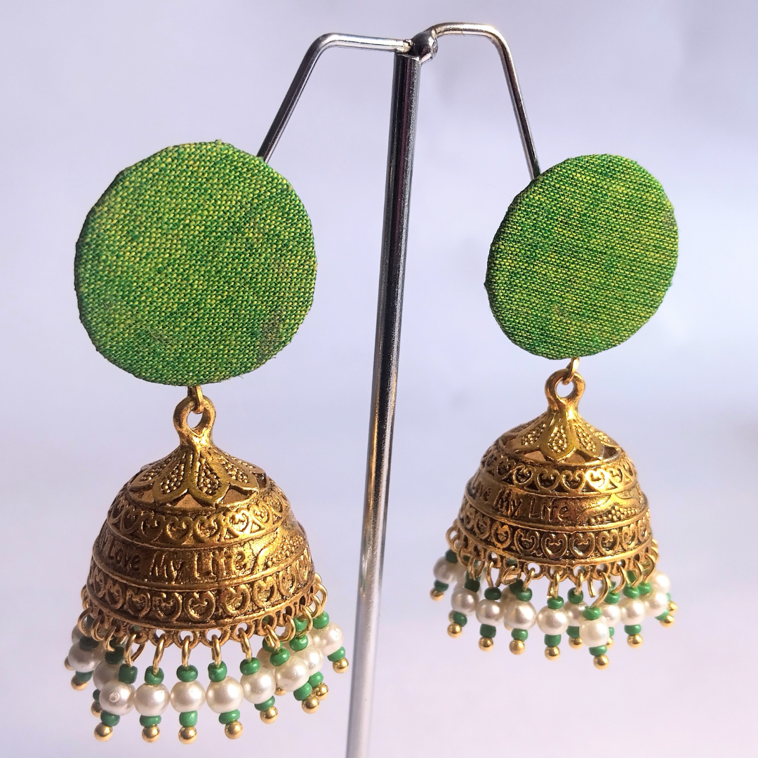 Emerald Pearl Fabric Jhumka Earrings