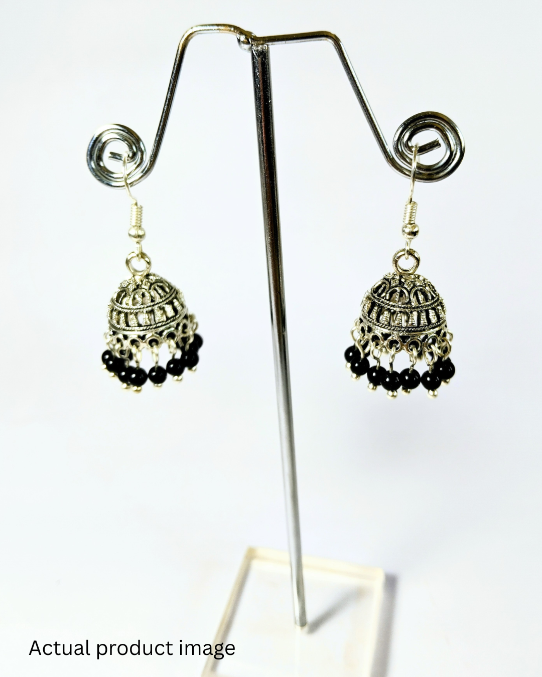 Silver Jhumka Earrings with Black Bead Drops