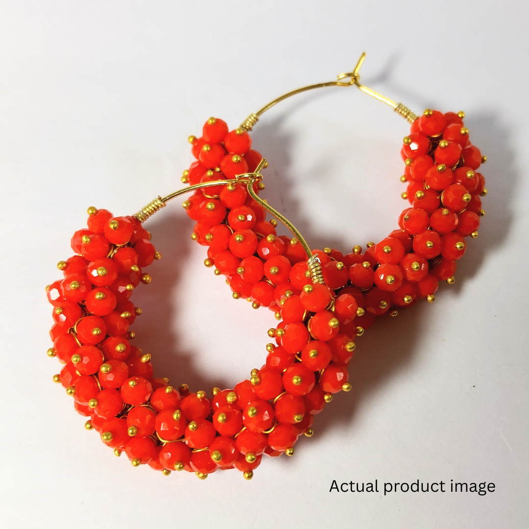 Vibrant Coral Bloom Beaded Hoop Earrings