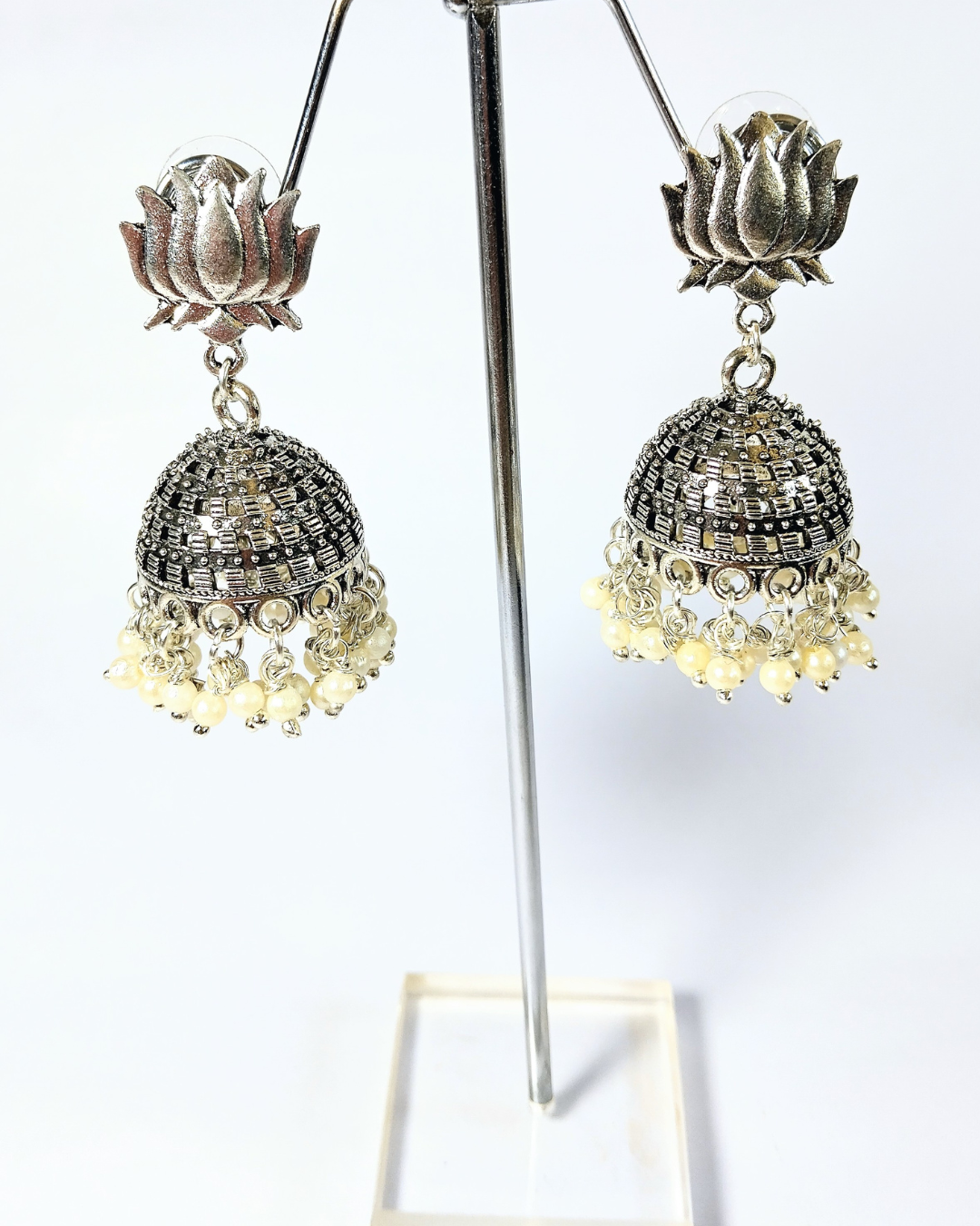 Silver Lotus Pearl Jhumka Earrings