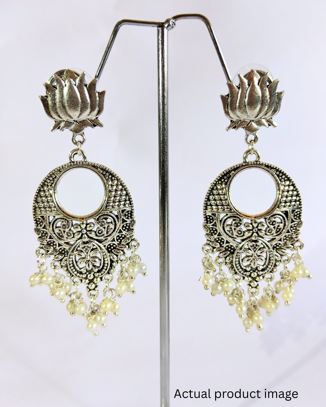 Oxidised Silver Lotus Pearl Drop Earrings (Elegant Medium Size)