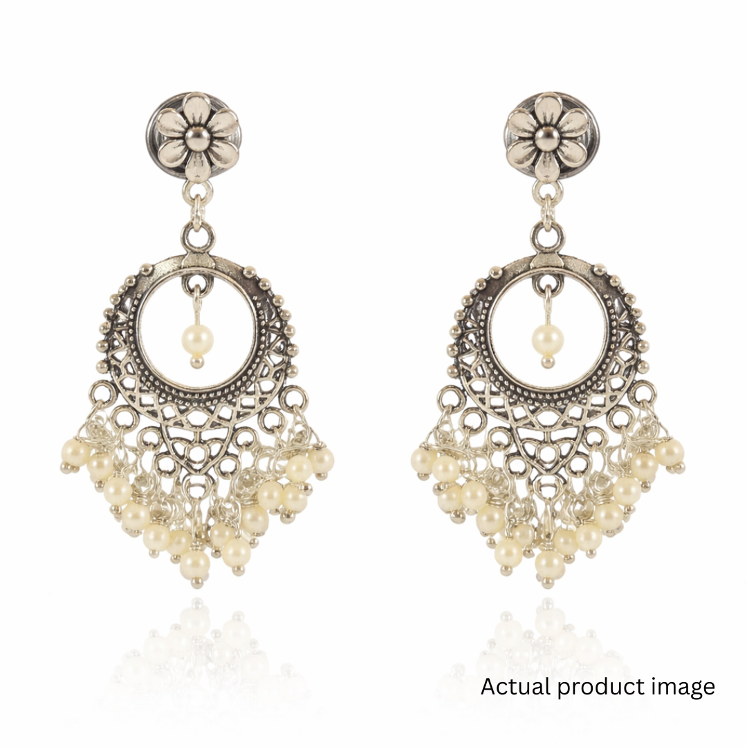 Elegant Oxidised Silver Pearl Chandbali Earrings