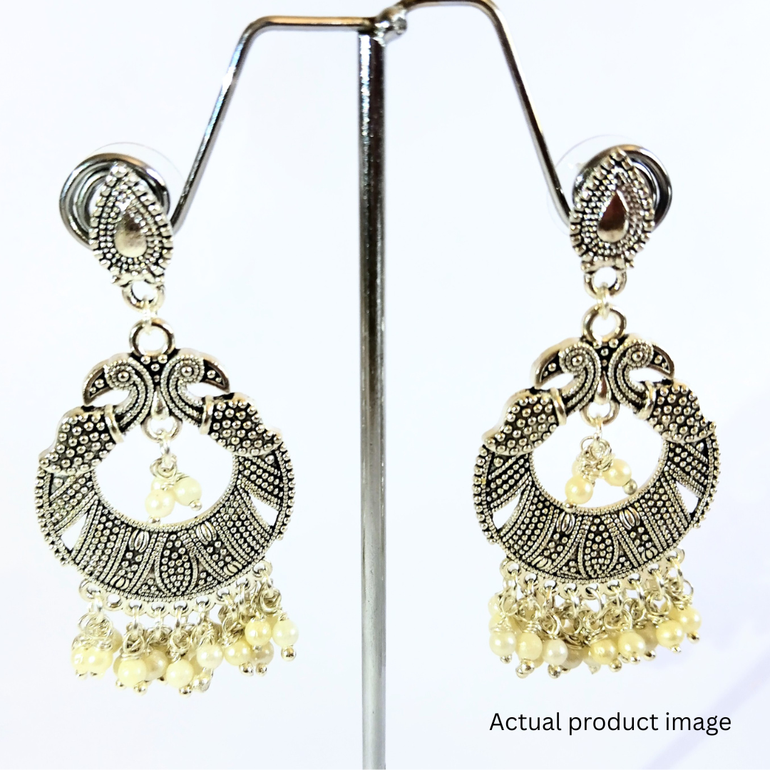 Oxidised Silver Peacock Jhumka Earrings with Pearl Drops