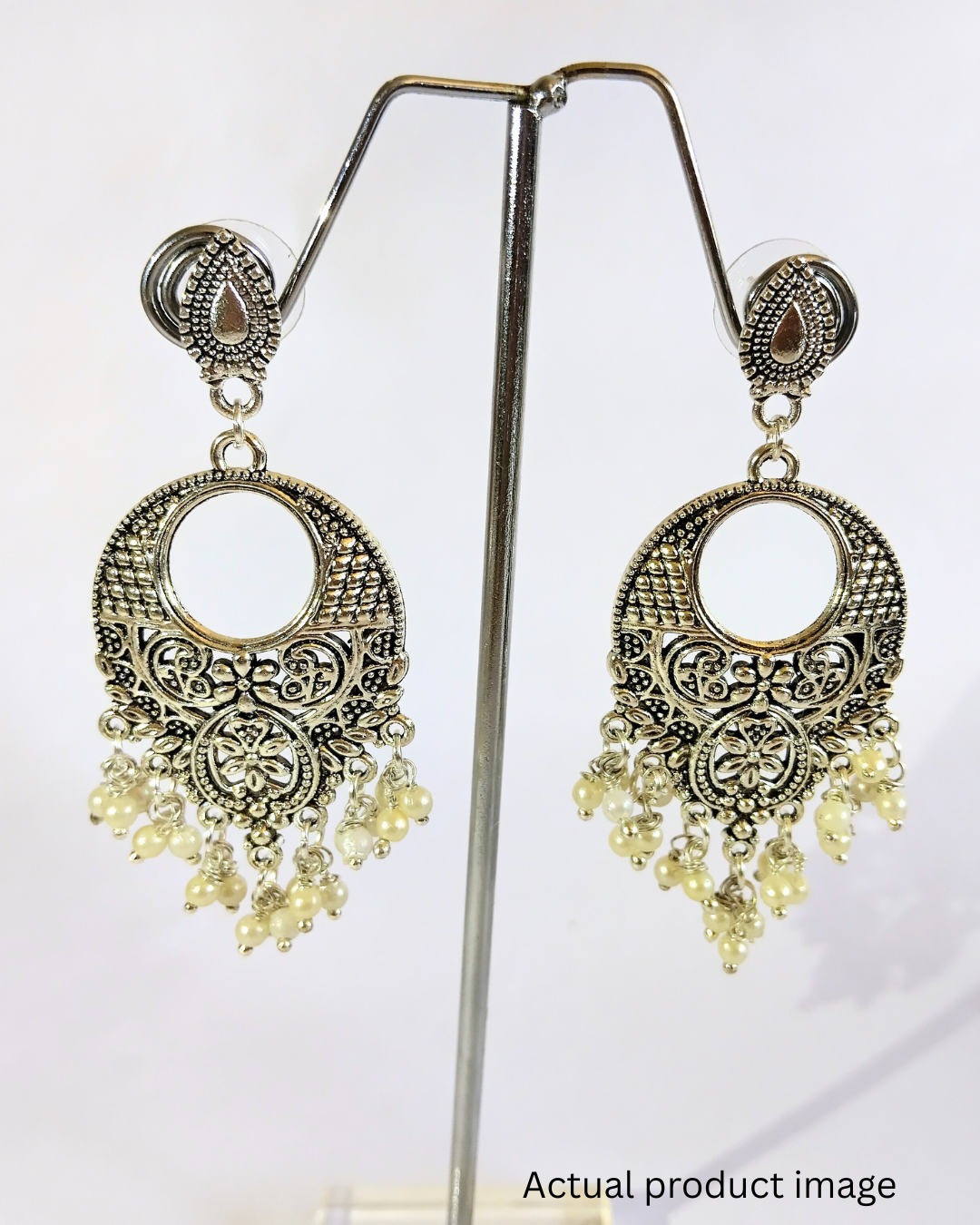 Long Oxidised Silver Chandbali Earrings with Pearl Tassels