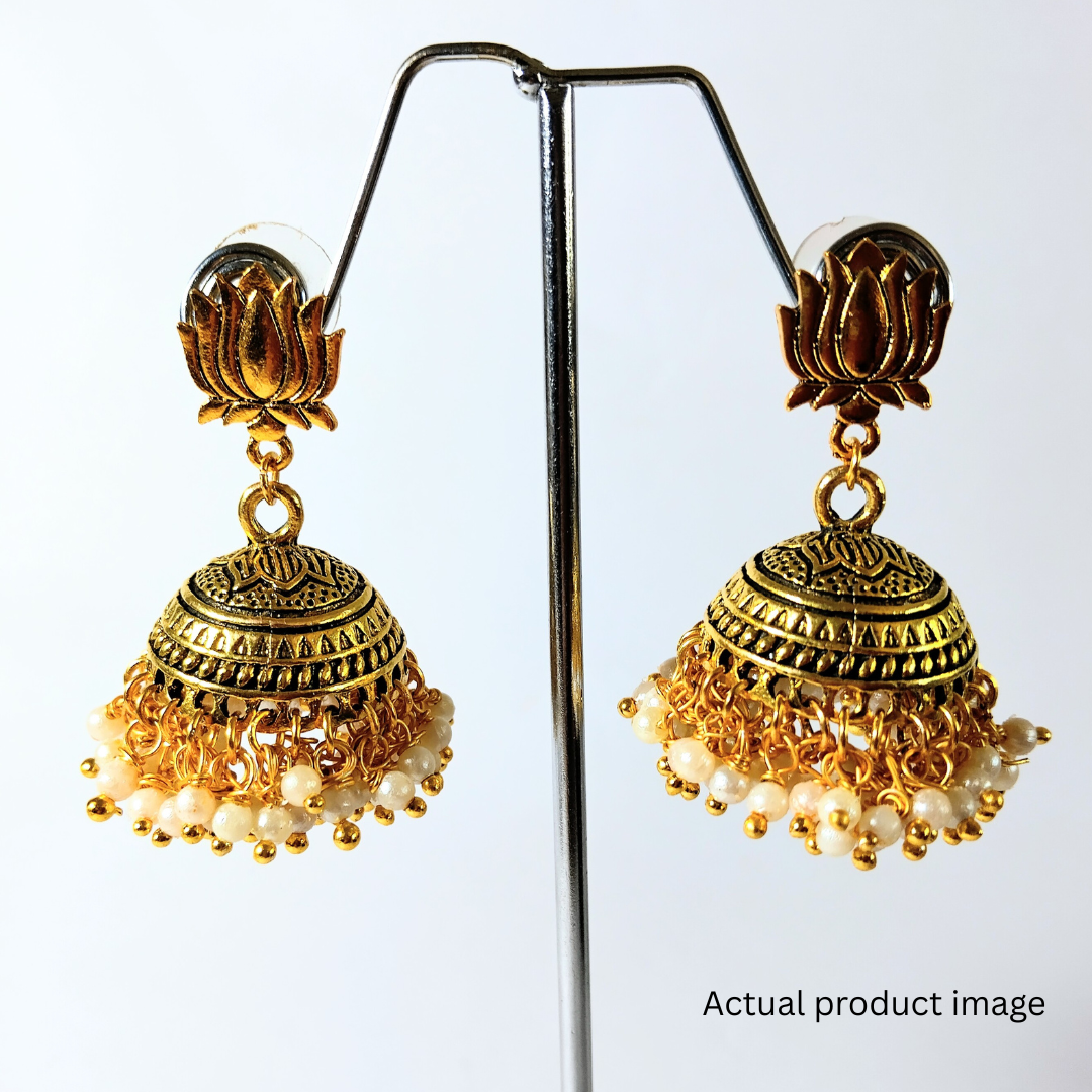 Traditional Lotus Pearl Jhumka Earrings – Gold Finish