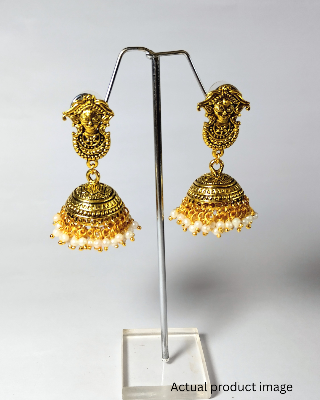 Traditional Gold-Tone Deity Jhumka Earrings with Pearl Drops.