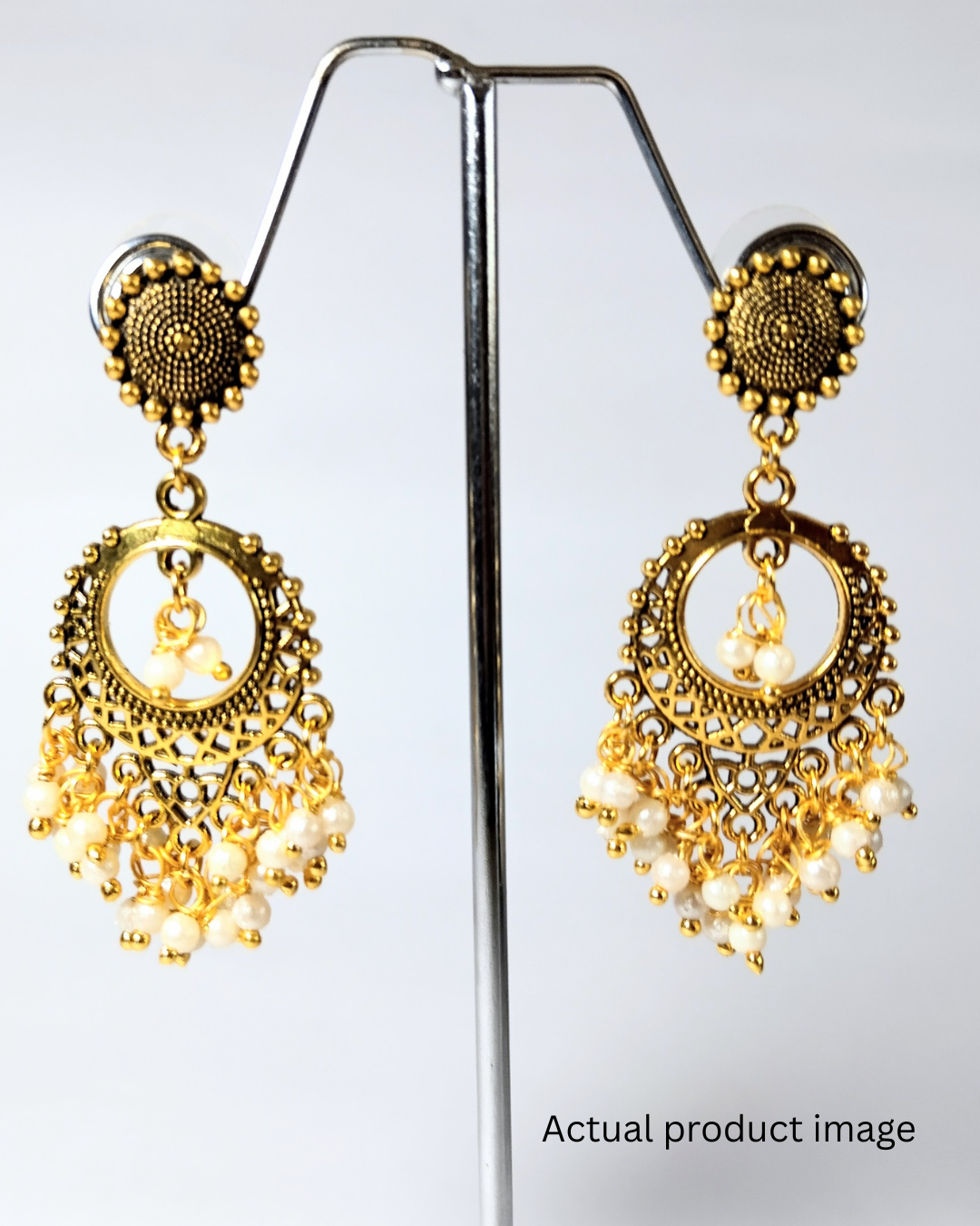 Antique Gold Filigree Chandbali Earrings with Pearl Drops 