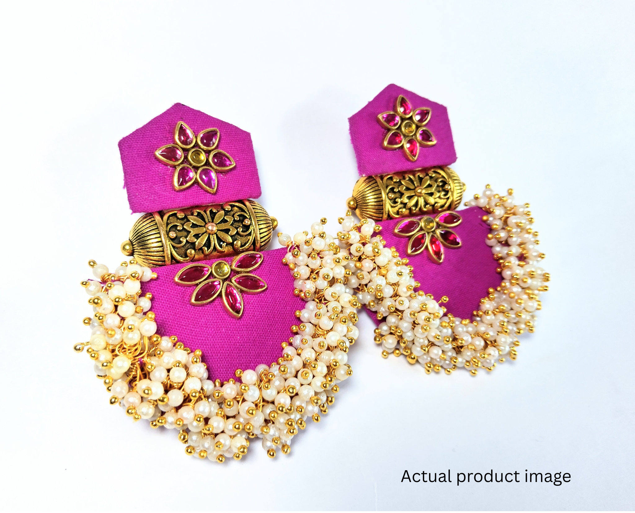 Rani Pink Fabric Pearl Chandbali Earrings