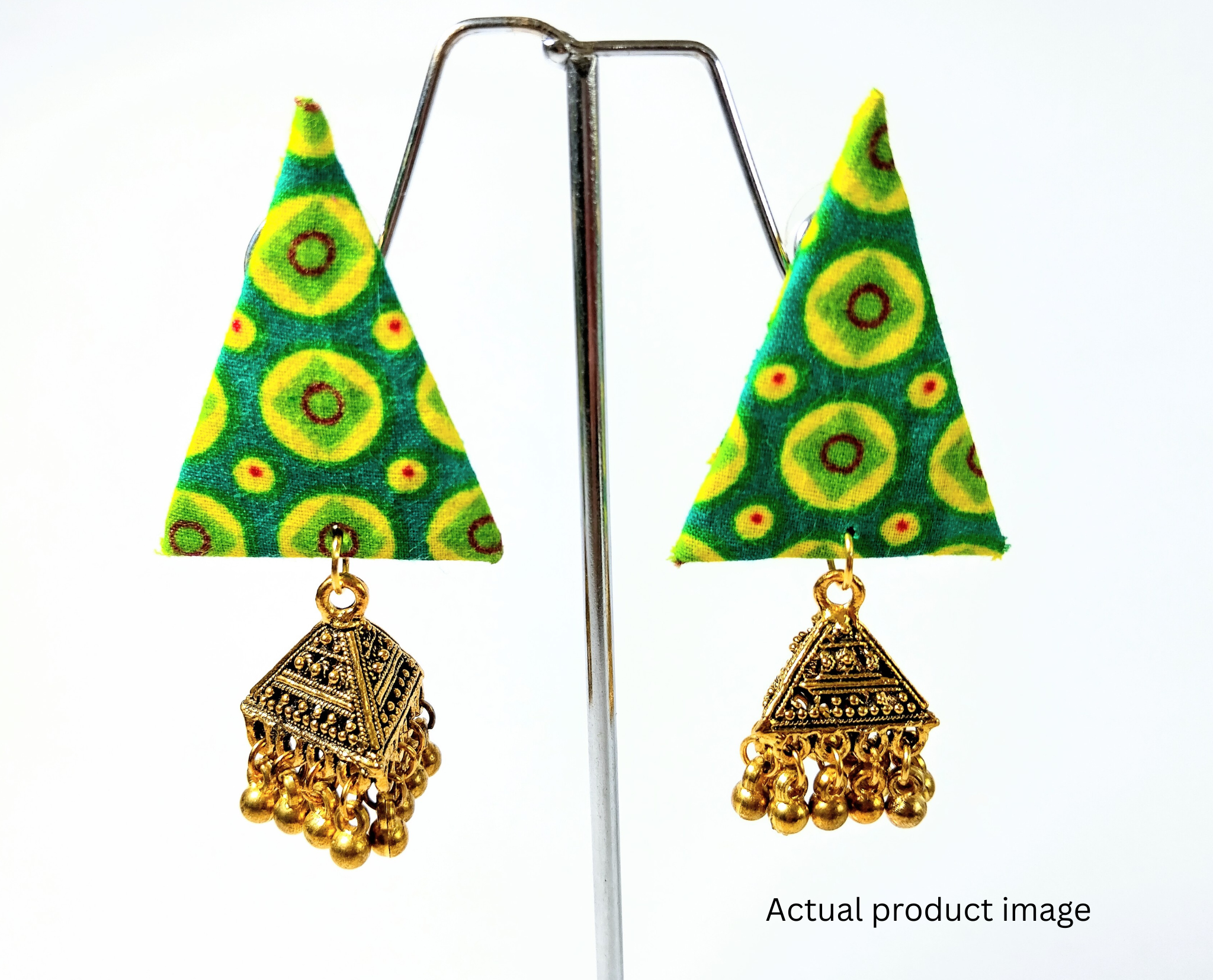 Green Fabric Triangle Jhumka Earrings