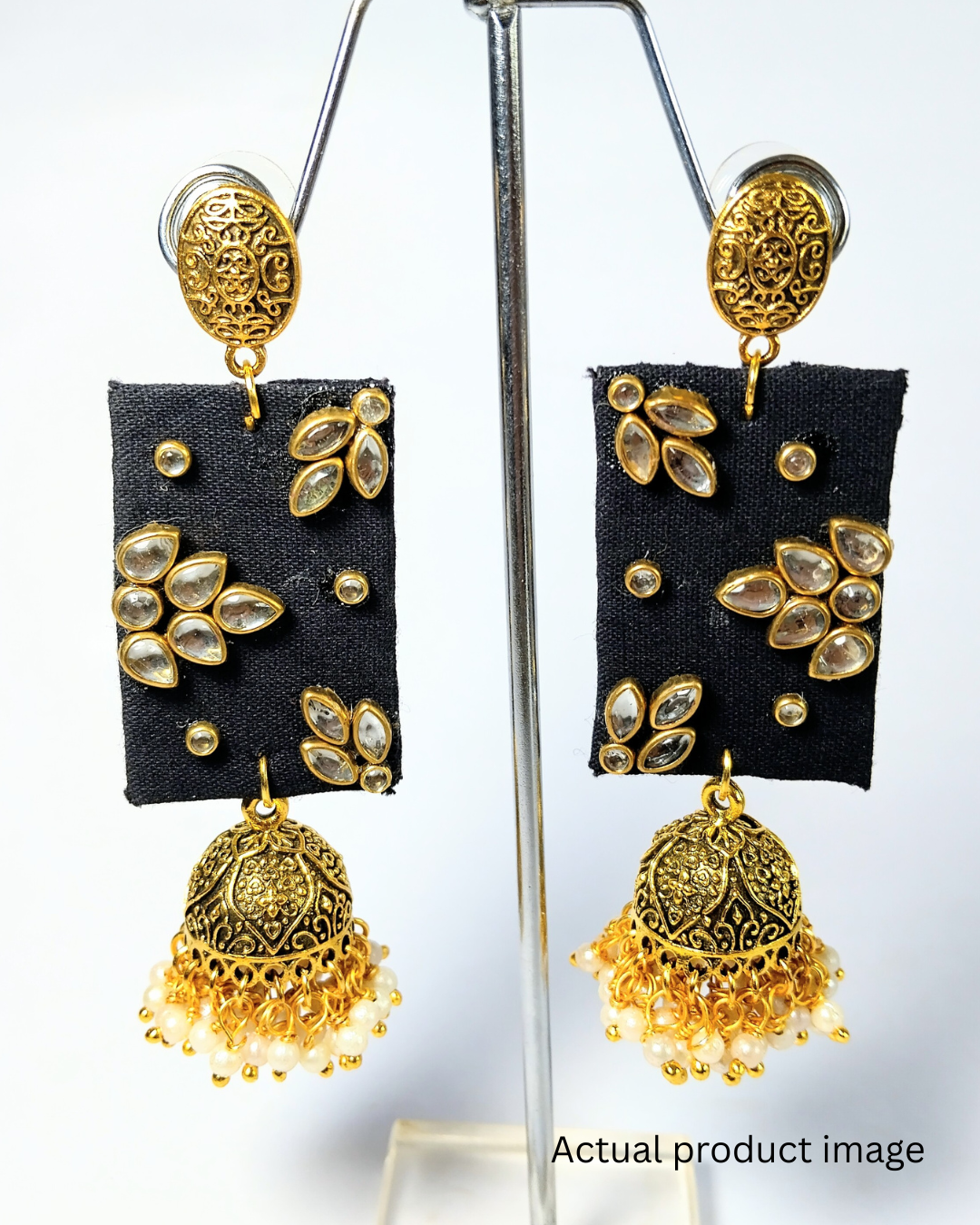 Black Fabric Kundan Jhumka Earrings