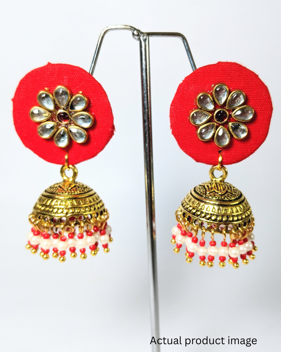 Red Floral Fabric Jhumka Earrings