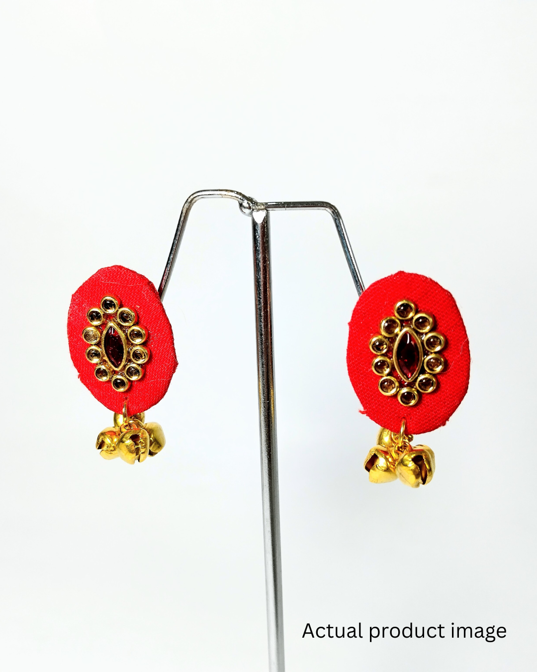 Red Oval Fabric Stud Earrings with Ghungroo Drops