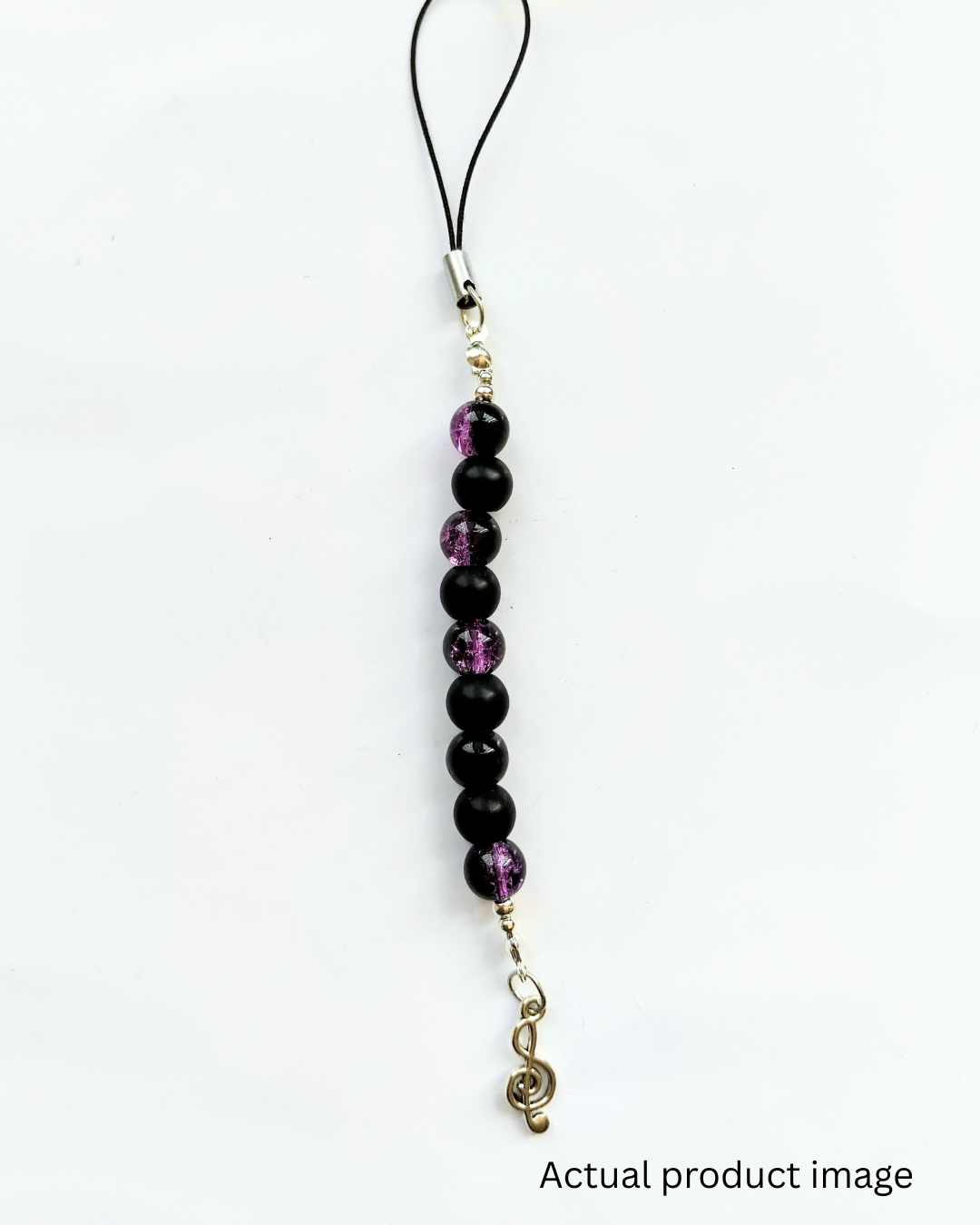 Black & Purple Beaded Phone Charm with Silver Music Note Pendant