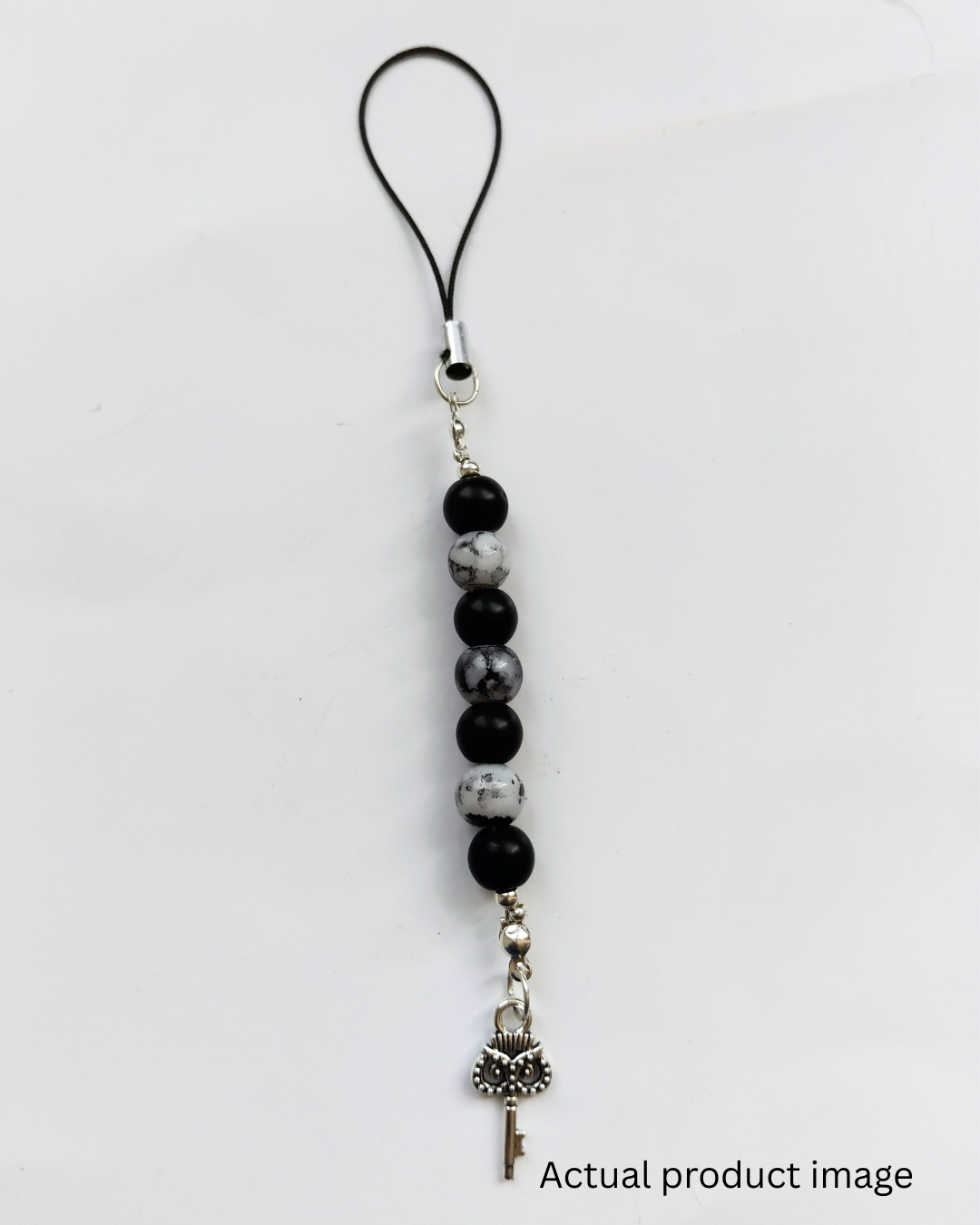 Black & White Beaded Phone Charm with Owl Key Pendant