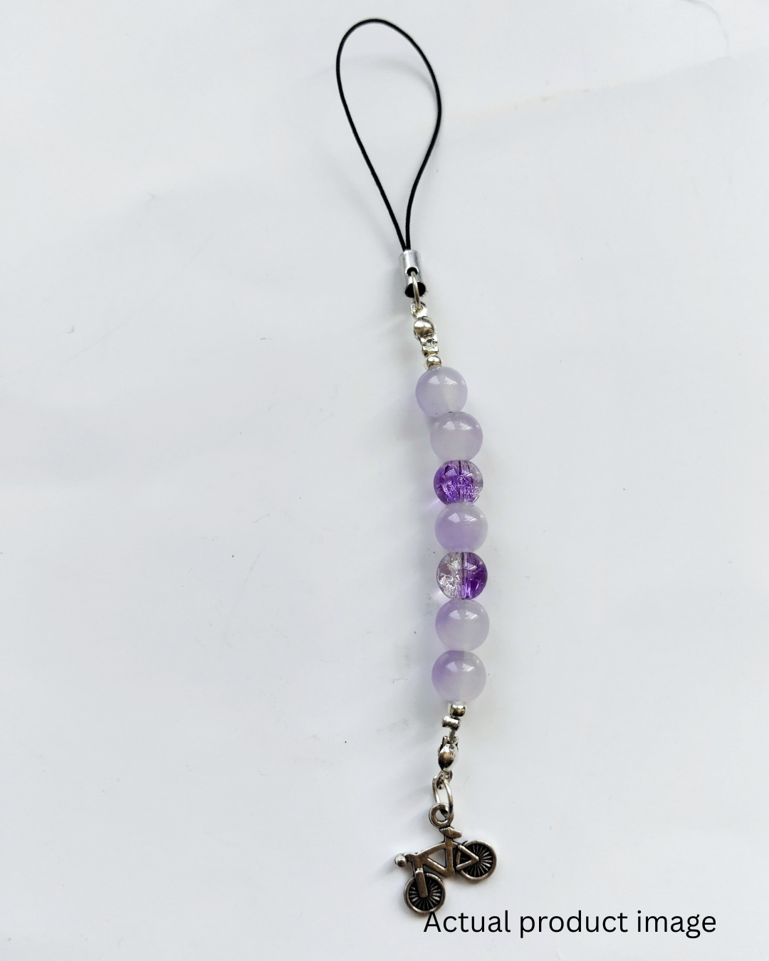 Lavender Beaded Phone Charm with Bicycle Pendant