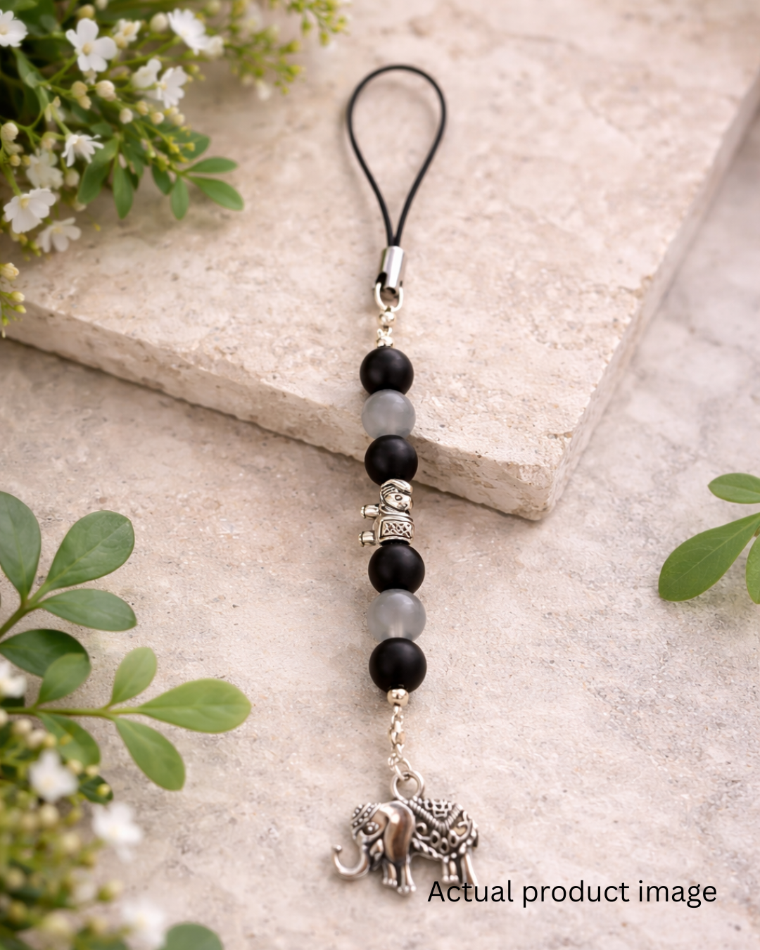 Black & Grey Beaded Phone Charm with Elephant Pendant
