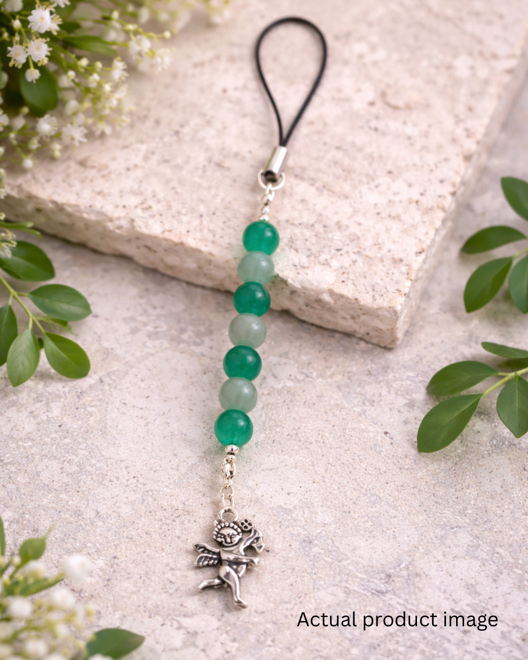 Green Beaded Phone Charm with Angel Pendant
