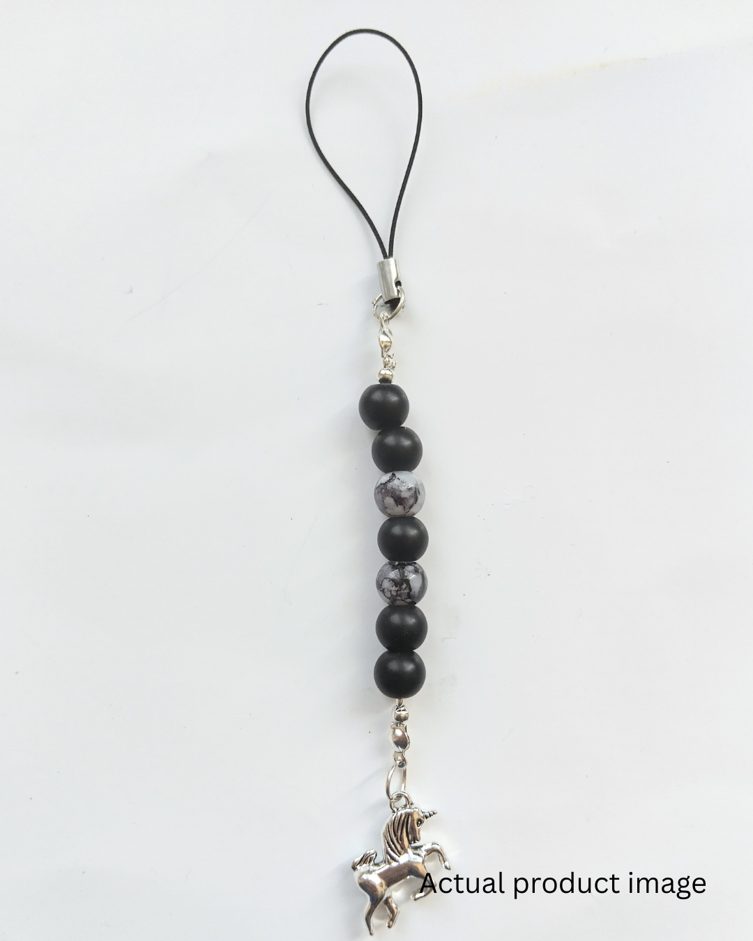 Black and Marble Beaded Phone Charm with Unicorn Pendant