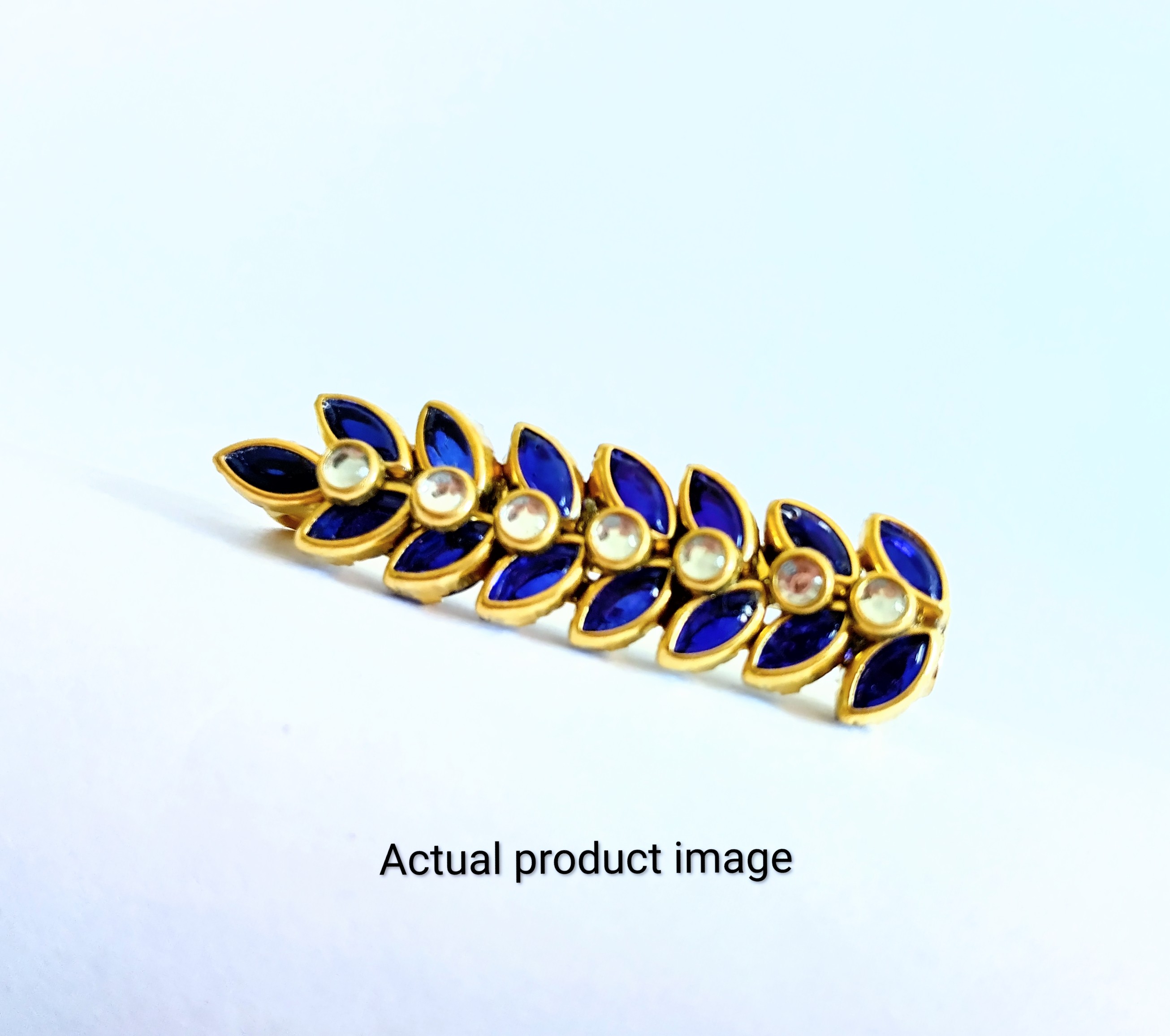 Elegant Leaf Kundan Saree Pin – Sapphire Blue & Gold Finish