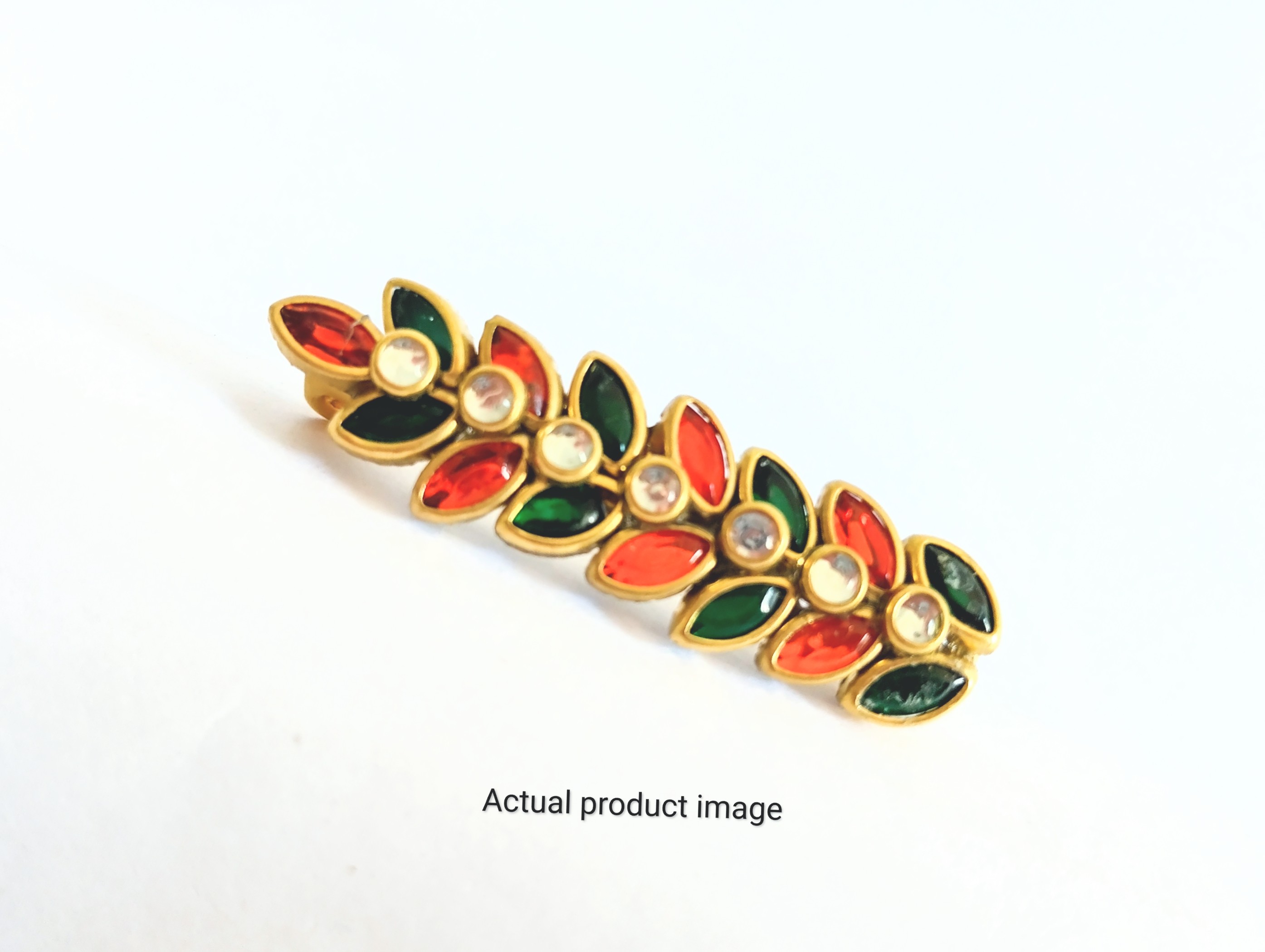 Elegant Leaf Kundan Saree Pin- Red and Green