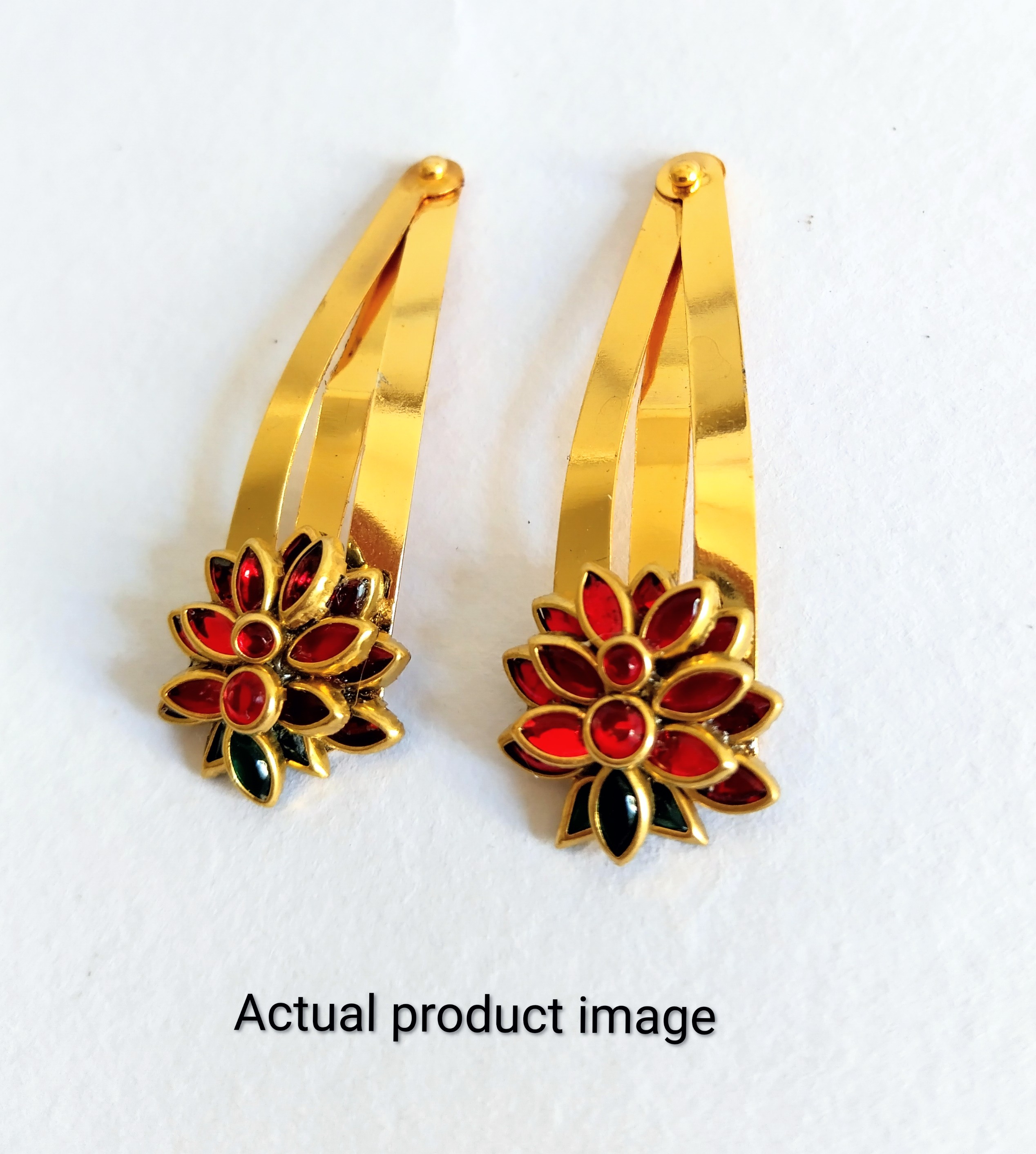 Royal Ruby Floral Hair Clip Set – Gold Finish