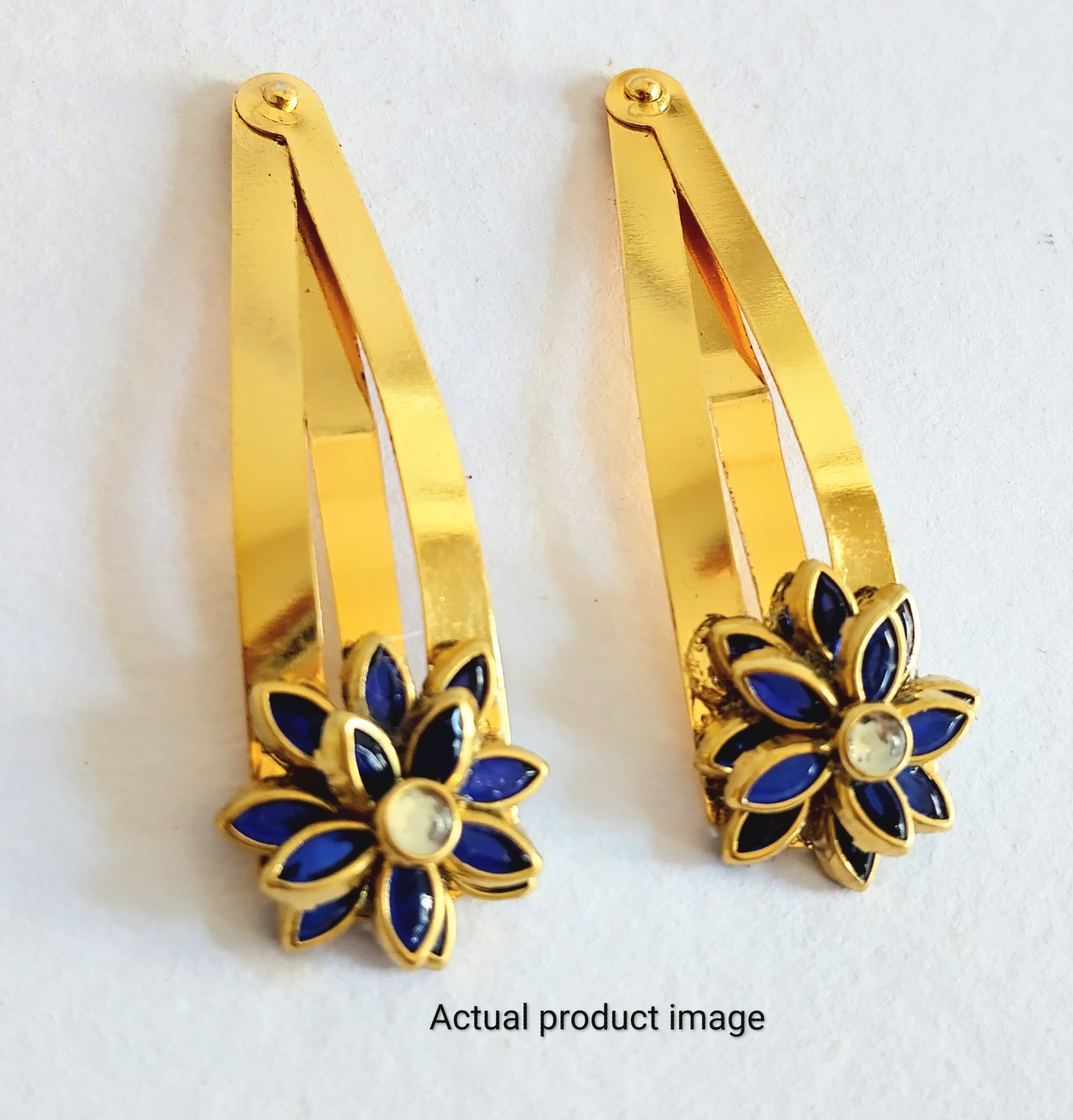 Midnight Blue Floral Hair Clip Set – Gold Finish