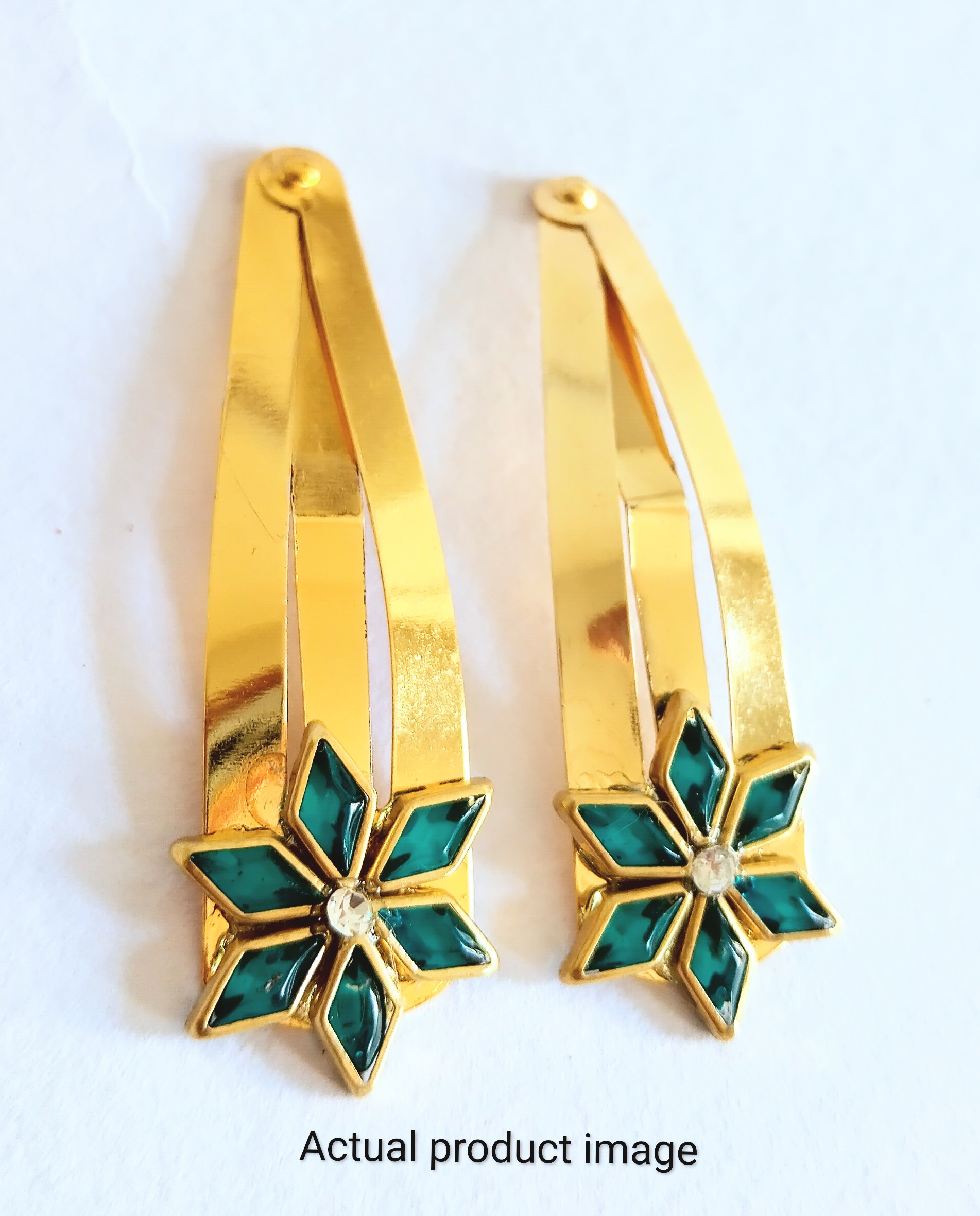 Teal Star Bloom Hair Clip Set – Gold Finish