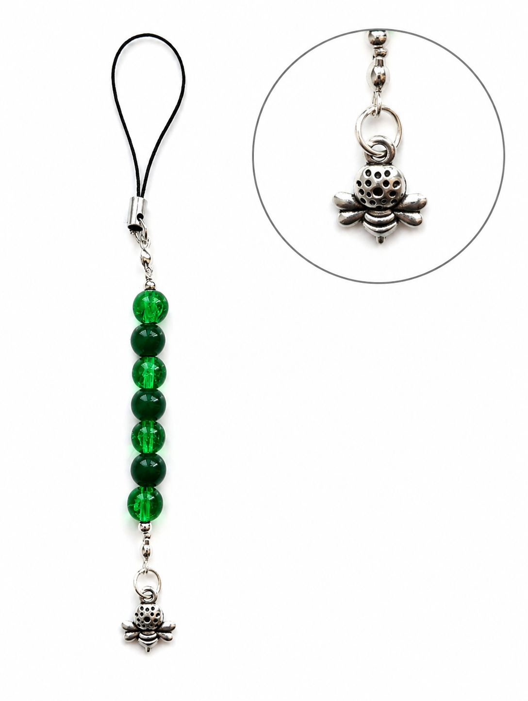 Green Beaded Phone Charm with Bee Pendant