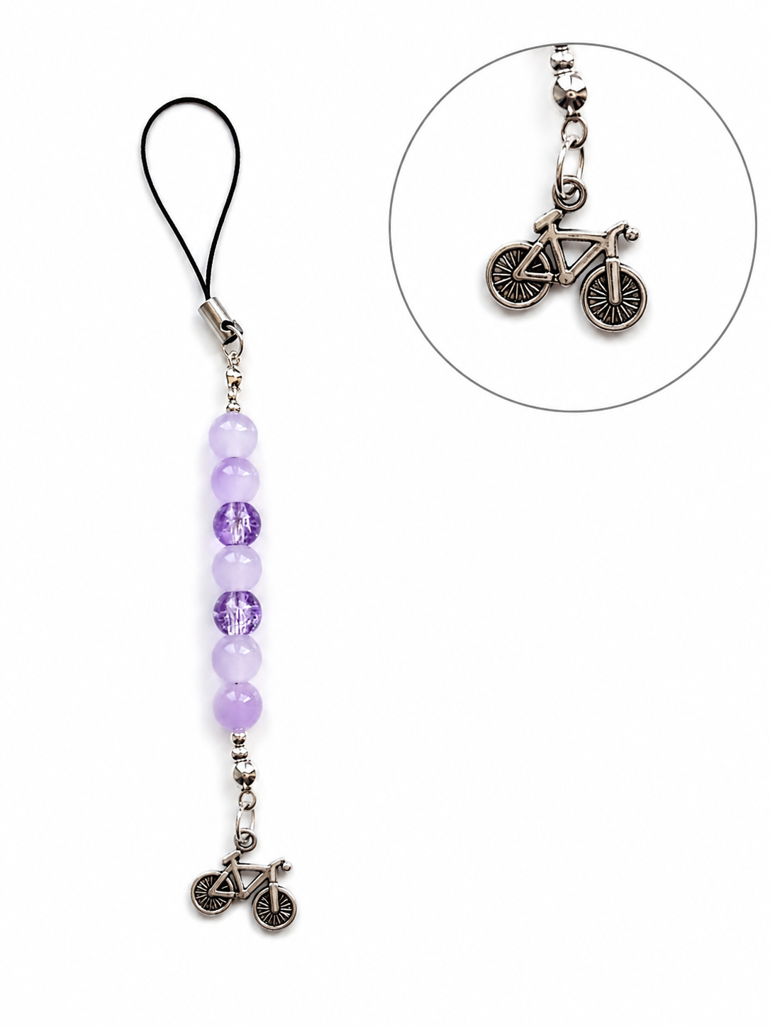Lavender Beaded Phone Charm with Bicycle Pendant