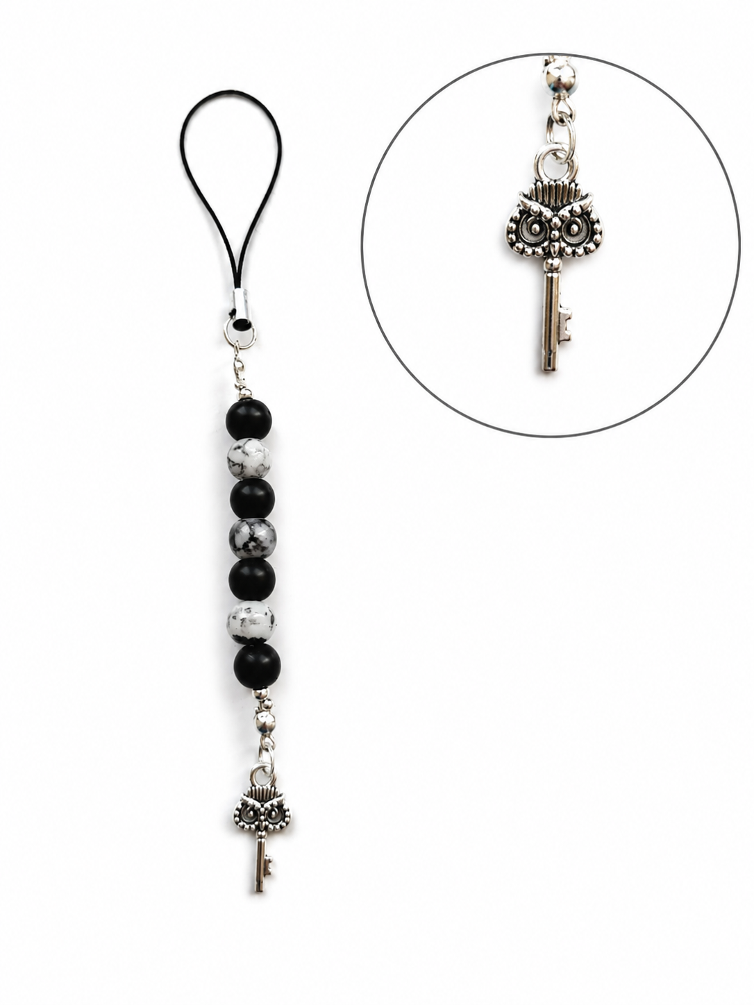 Black & White Beaded Phone Charm with Owl Key Pendant